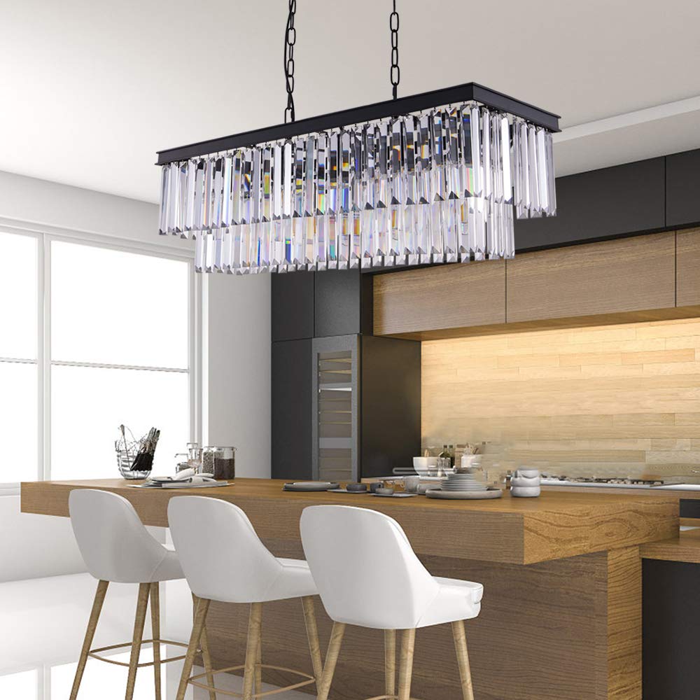 Modern Black Crystal Chandelier - 9-Light Adjustable Rectangle Ceiling Light for Dining Room, Living Room & Kitchen Island | Farmhouse Style Pool Table Lighting Fixture | Elegant Home Decor for Weddings, Restaurants and Luxury Spaces