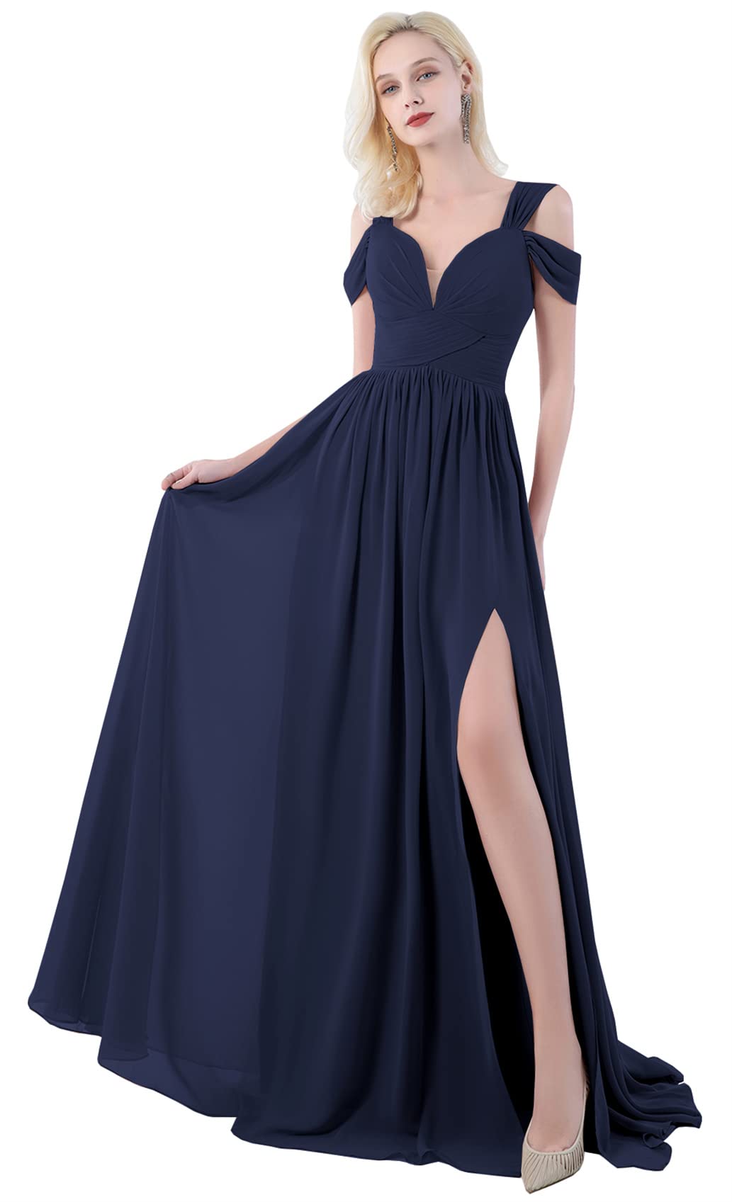 OFEYCHUN Women's Chiffon Bridesmaid Dress Long Sleeve Cold Shoulder A-Line Formal Evening Gown with High Slit - Perfect for Weddings, Prom, Cocktail Parties & Special Occasions