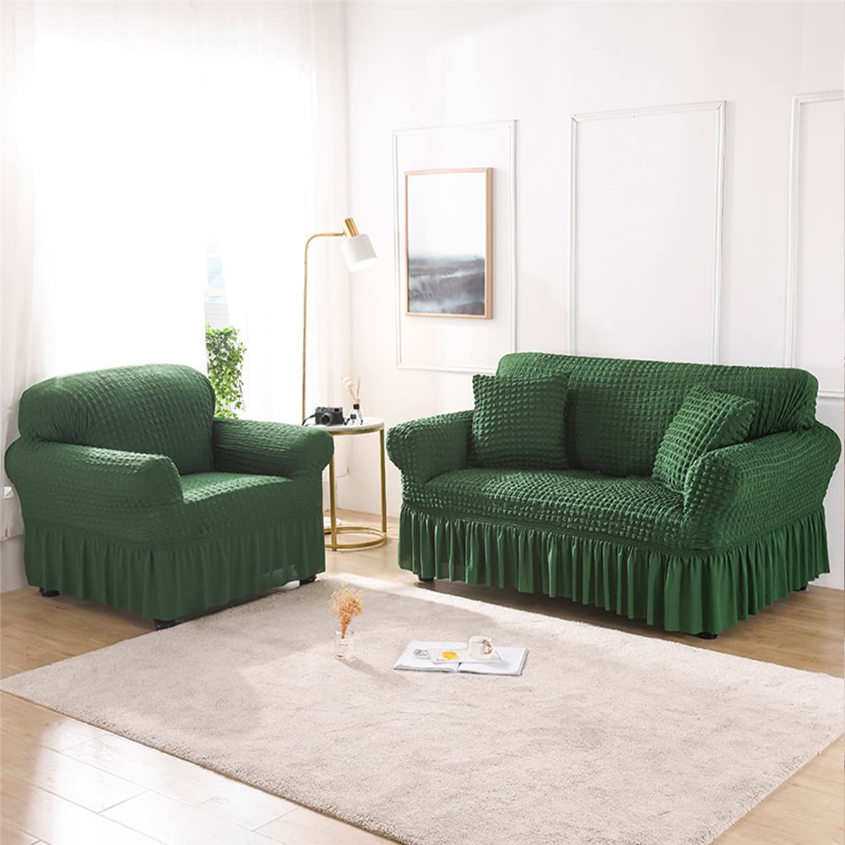 Qubjus Stretch Sofa Slipcover - Washable Furniture Protector for Couch, Sofa & Bed - Elastic Bottom with Skirt - Dark Green Large Size - Perfect for Living Room, Family Room & Home Decor