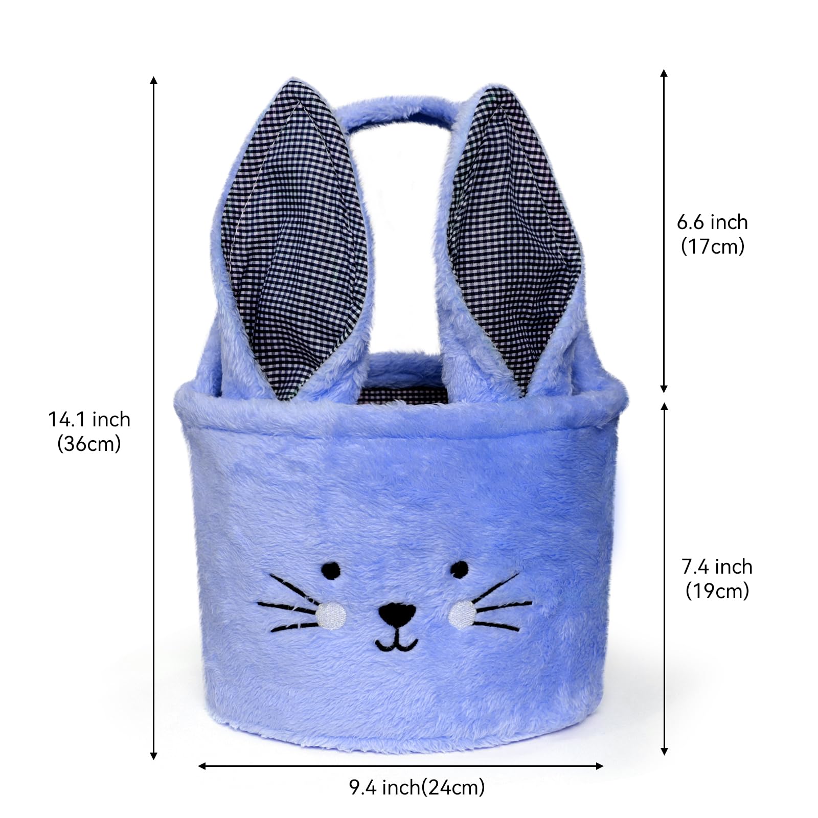 Faylapa 2Pcs Plush Easter Bunny Basket Bags with Plaid Long Ears - Personalized Easter Egg Baskets for Party Decor, Candy Gifts, Easter Egg Hunt & Spring Home Decor (Blue + Purple)