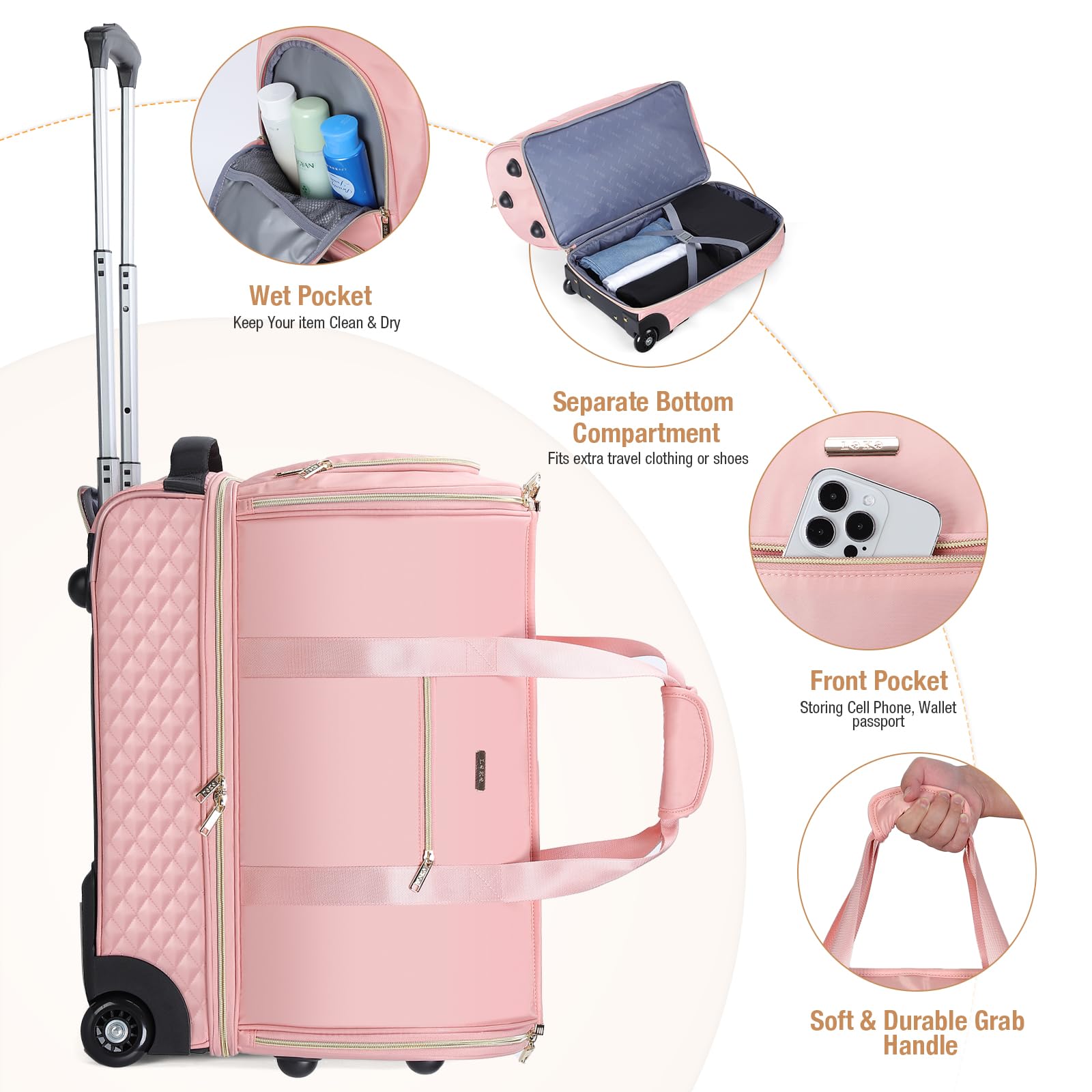 Convertible Rolling Garment Bag with Wheels & Shoe Compartment - Carry On Suitcase Trolley for Business Travel, Wedding & Weekend Trips | Durable Pink Travel Luggage for Airplanes, Hotels & Commuting