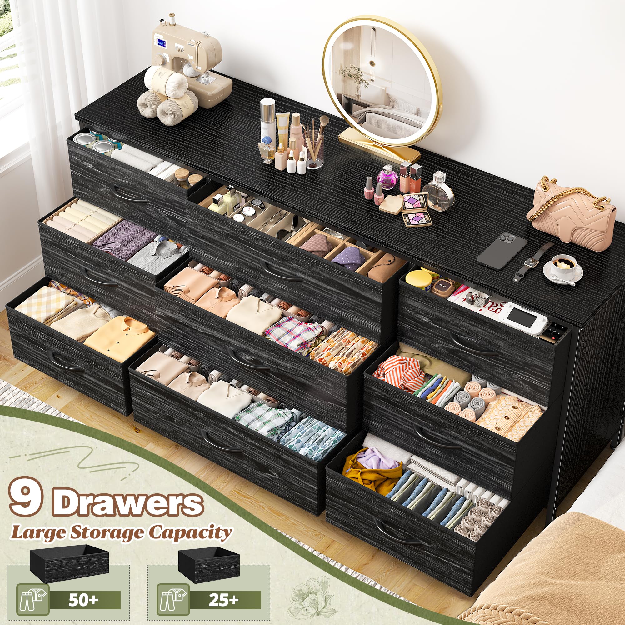 EnHomee 60'' TV Stand Dresser with 9 Drawers - Sturdy Metal Frame & Wood Top Fabric Dresser for Bedroom, Living Room, Closet - Charcoal Black | Perfect for TV Storage, Bedroom Organization & Living Room Furniture