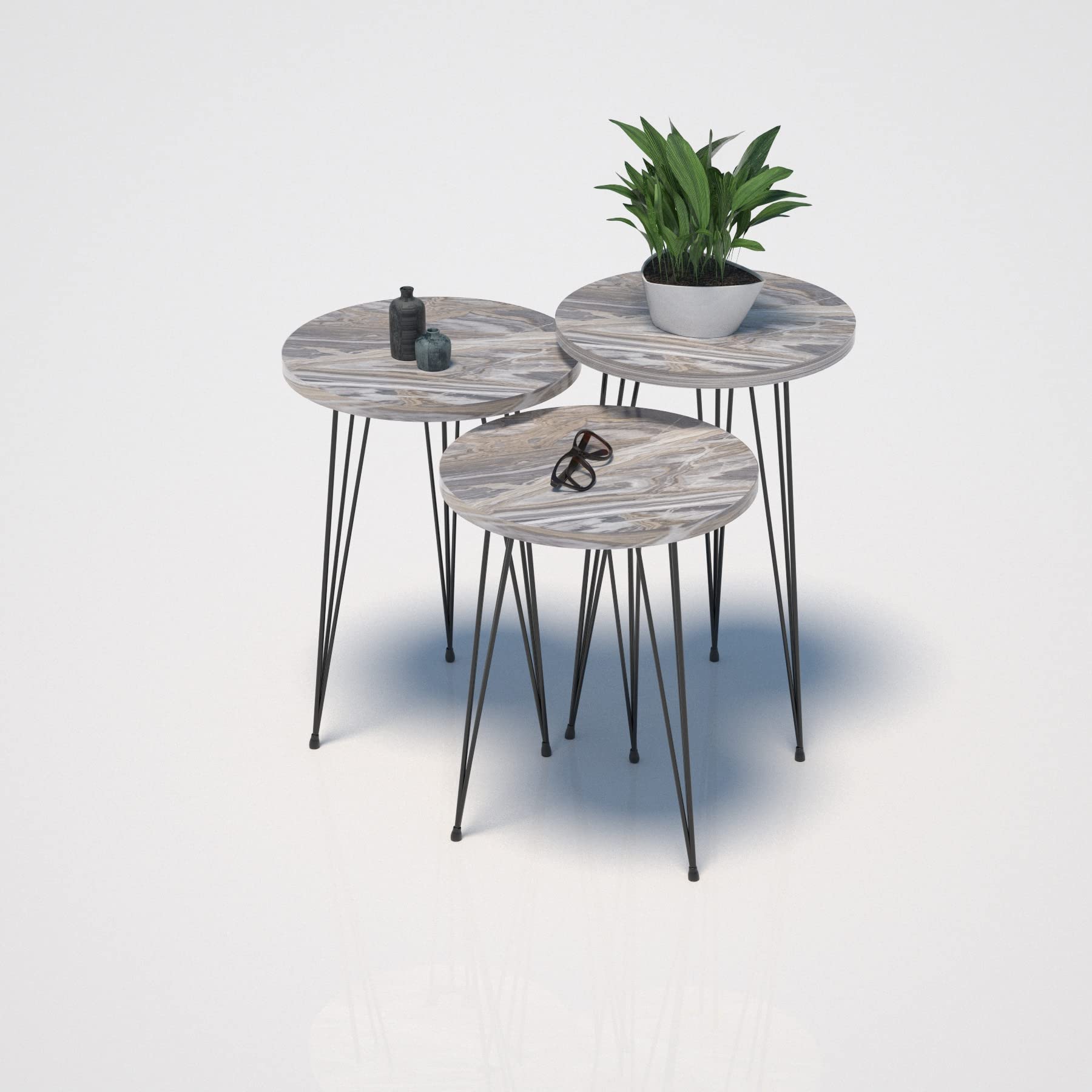 PAK HOME Set of 3 Grey Marble Nesting End Tables - Round Wood Stacking Coffee Side Tables with Metal Legs for Living Room, Bedroom & Home Office - Perfect for Small Spaces, Modern Decor & Multi-Purpose Use