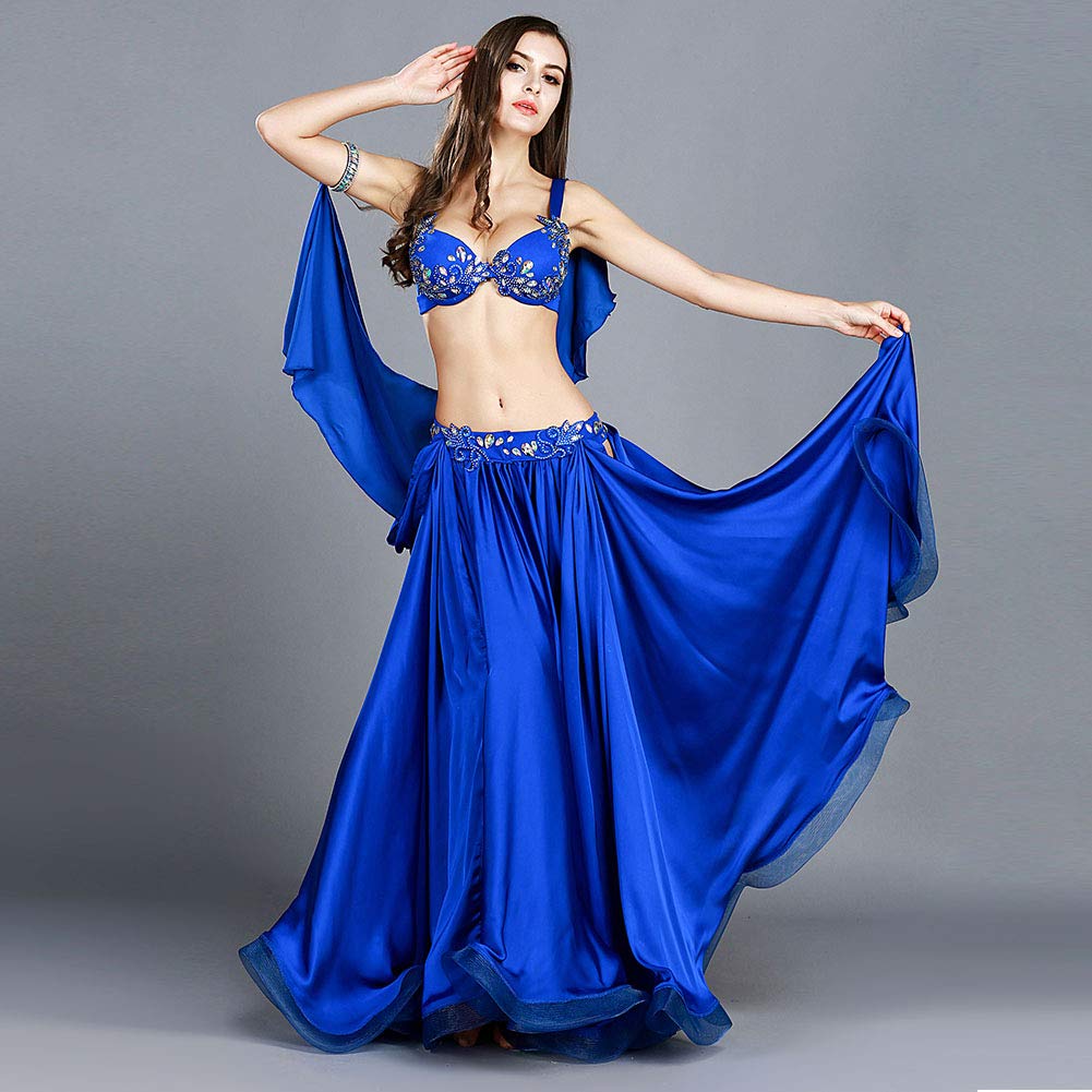 Royal Smeela Women's Belly Dance Costume Set - 2 Piece Skirt & Bra Outfit with Armbands & Shawls for Professional Performances & Practice