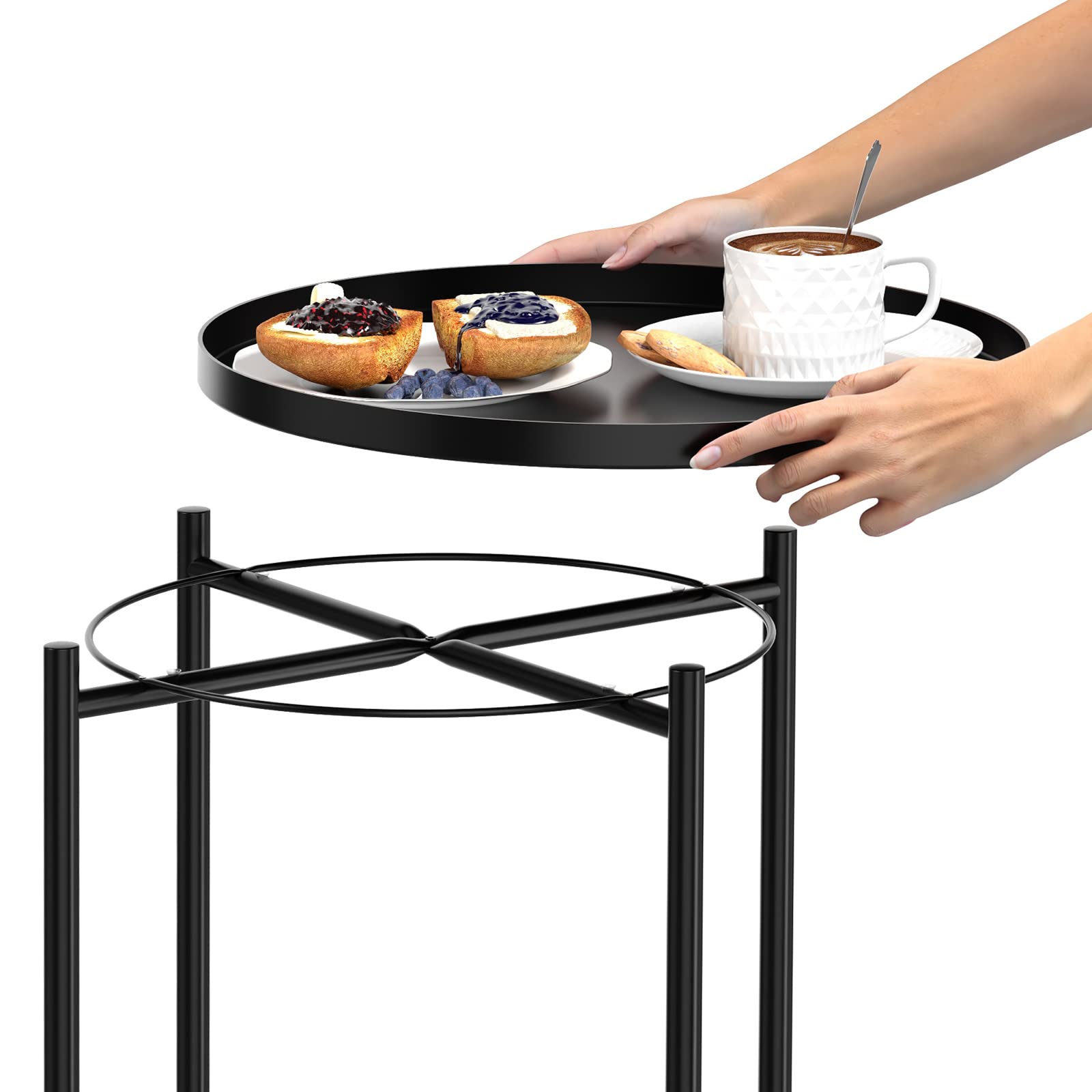 OVICAR Round Metal Tray End Table - Rustproof Waterproof Accent Coffee Side Table for Indoor & Outdoor Use - Modern Sofa, Bedside, Balcony Table for Living Room, Bedroom, Patio & Garden Decor