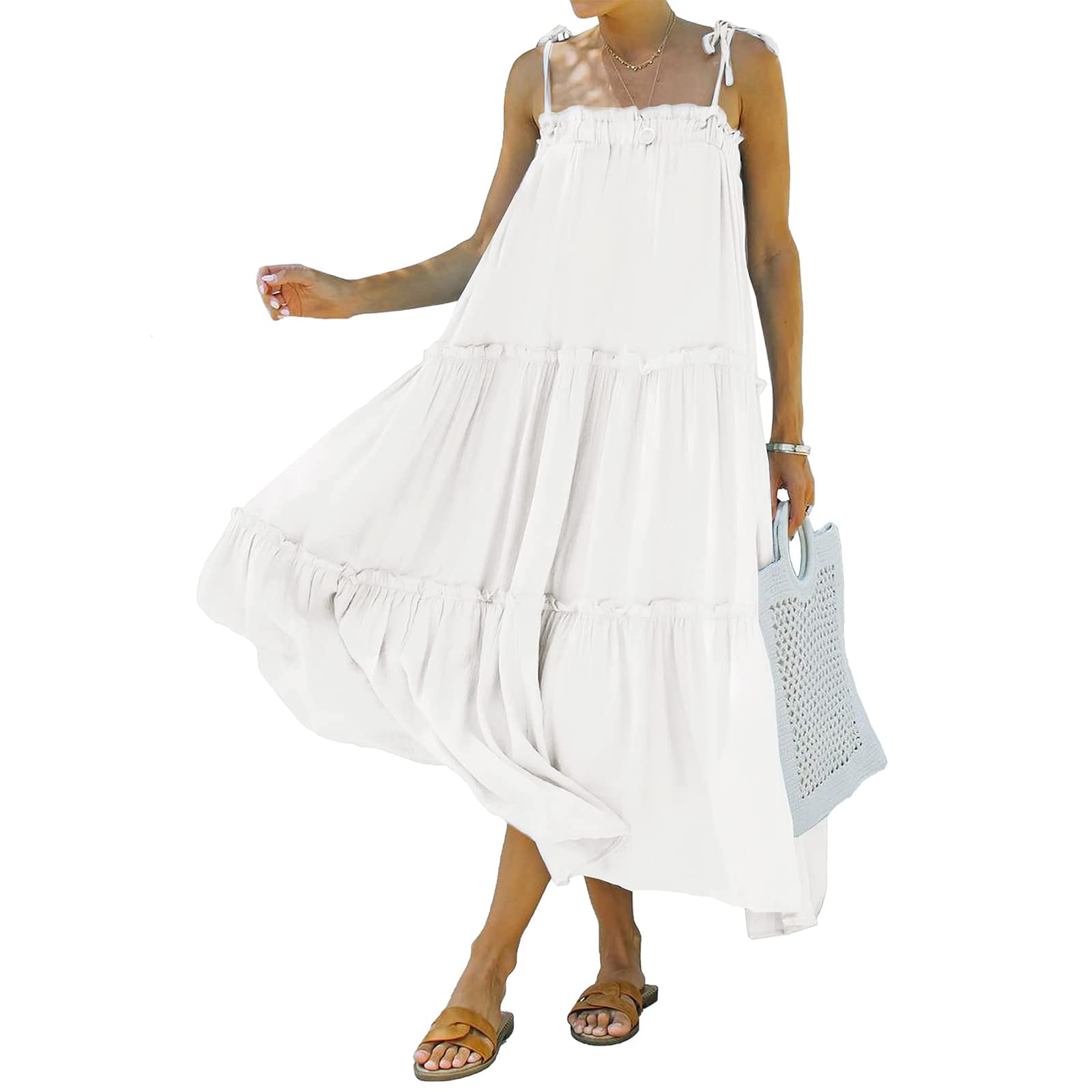 AIGUR Women's Casual Summer Dress - Layered Pleated Design, Adjustable Thin Straps, Flowy Beach Cover Up for Outdoor, Vacation & Boho Style