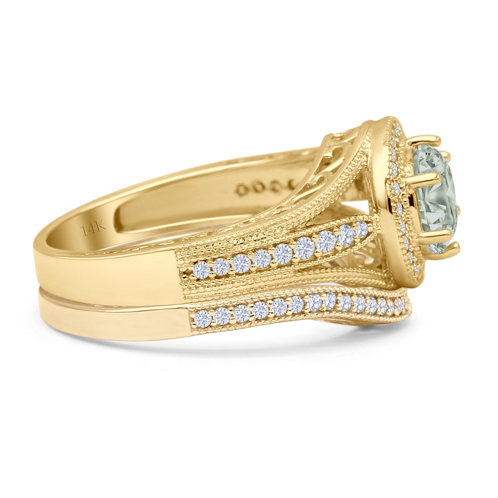 14K Yellow Gold Halo Split Shank Prasiolite Ring with Round Green Amethyst - Elegant Wedding Band, Anniversary Gift for Her, Perfect for Special Occasions & Everyday Wear