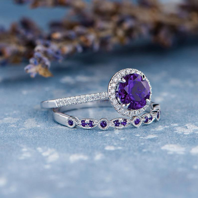 Amethyst Engagement Ring & Wedding Band Set - 14K White Gold with Diamonds, February Birthstone Jewelry Gift for Women, Anniversary, Promise, Valentine's Day - Perfect for Proposals, Weddings & Special Occasions