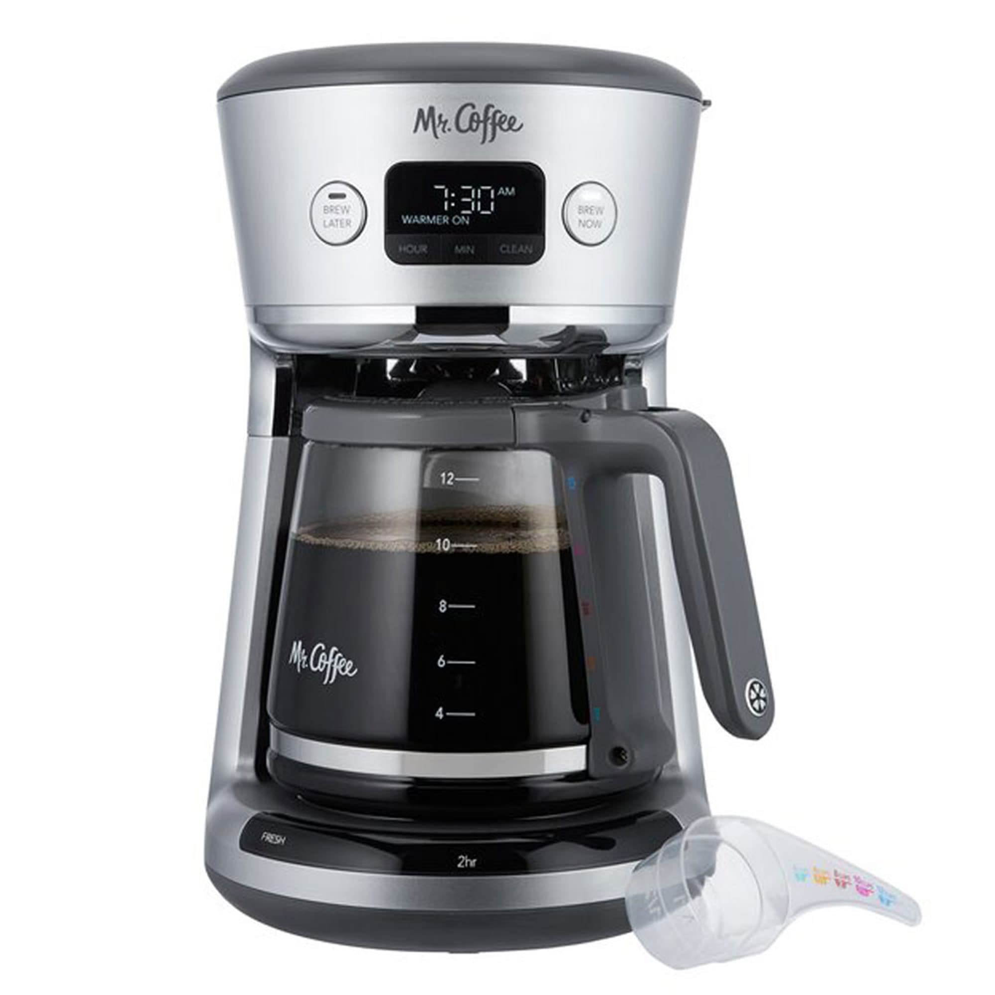 Mr. Coffee 31160393 12-Cup Programmable Digital Coffee Maker with Built-In Water Filter & Measuring Scoop - Silver | Perfect for Home, Office & Entertaining