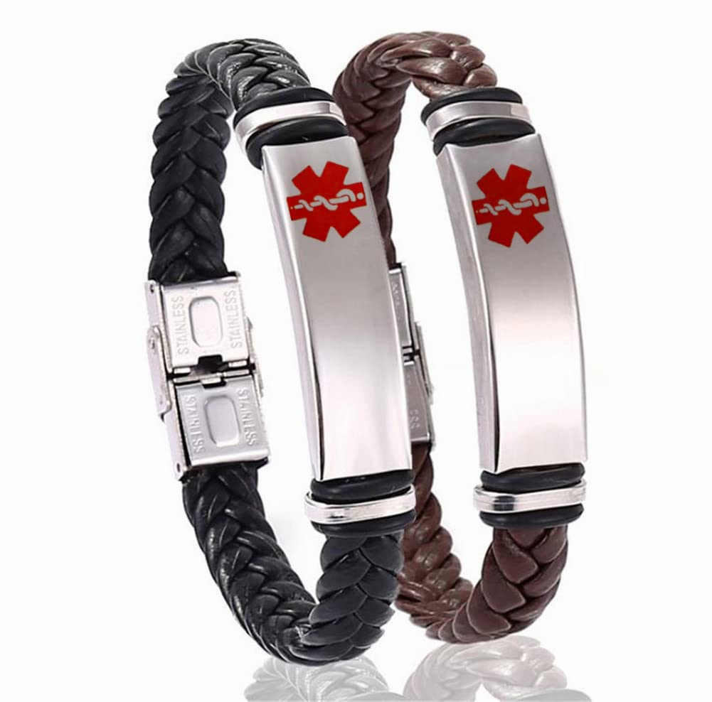 Custom Engraved Stainless Steel Medical Alert Bracelet for Men & Women - Personalized Leather Allergy SOS ID Wristband - Perfect for Diabetes, Heart Conditions & Emergency Medical Identification