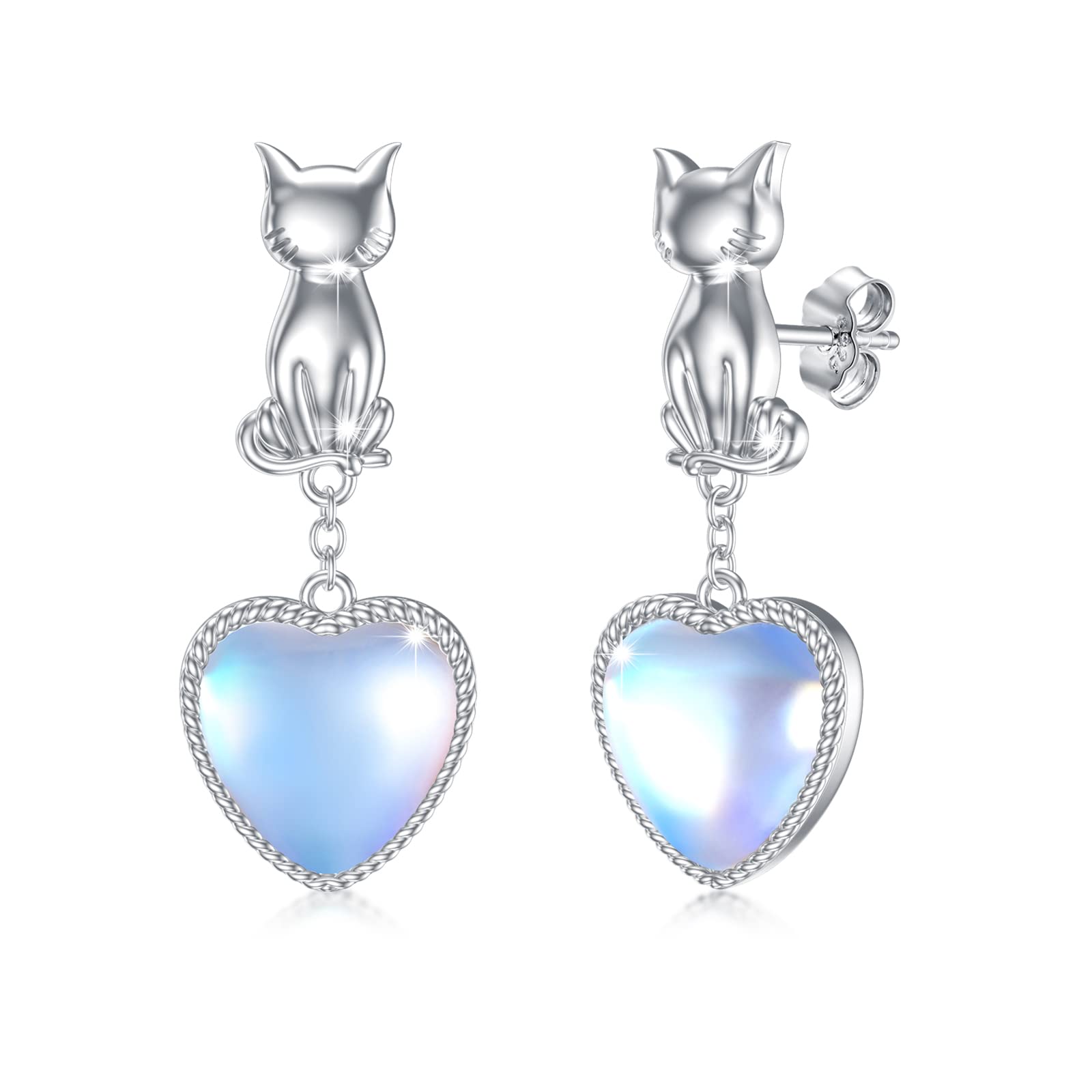 SHUSUKUE 925 Sterling Silver Cat Moonstone Teardrop Dangle Earrings - Hypoallergenic Cute Animal Jewelry for Women & Girls - Perfect Birthday Gift, Party Wear & Everyday Fashion Accessories
