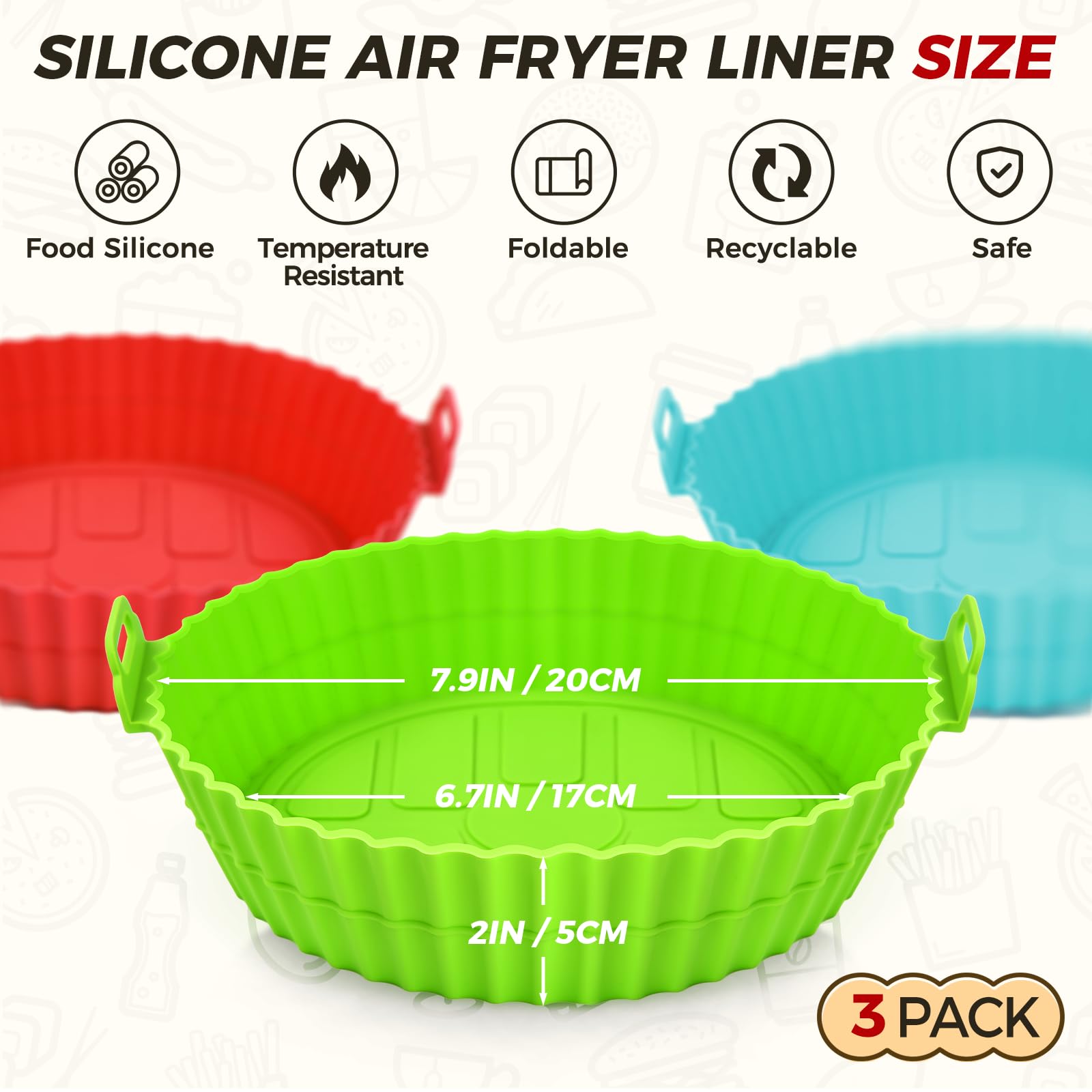 3Pcs Reusable Silicone Air Fryer Liners - 7.9 Inch Non-Stick Baking Tray, Food Grade & Greaseproof Accessories for Ninja, Tower, COSORI Air Fryers - Perfect for Roasting, Baking, and Frying Chicken Wings, Fries & Vegetables