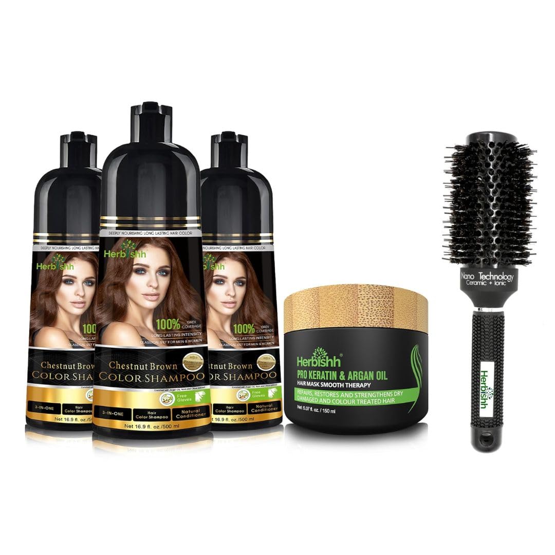 Herbishh Chestnut Brown Hair Color Shampoo Set - 3 Bottles with Deep Conditioning Hair Mask & Styling Brush | At-Home Hair Coloring & Nourishment for Vibrant, Long-Lasting Color