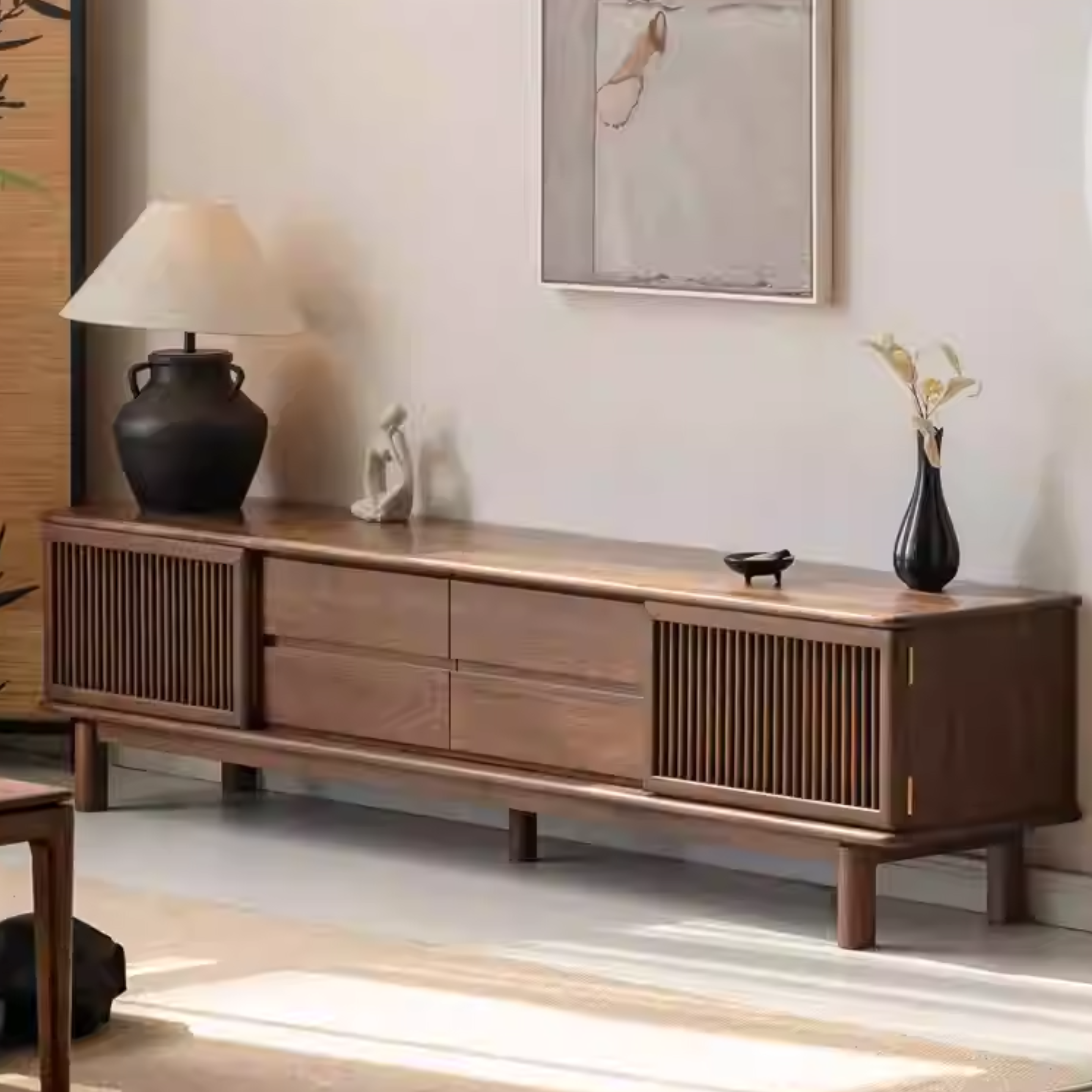 Solid Black Walnut Wood TV Stand - Modern Entertainment Center for Living Room, Bedroom & Home Theater