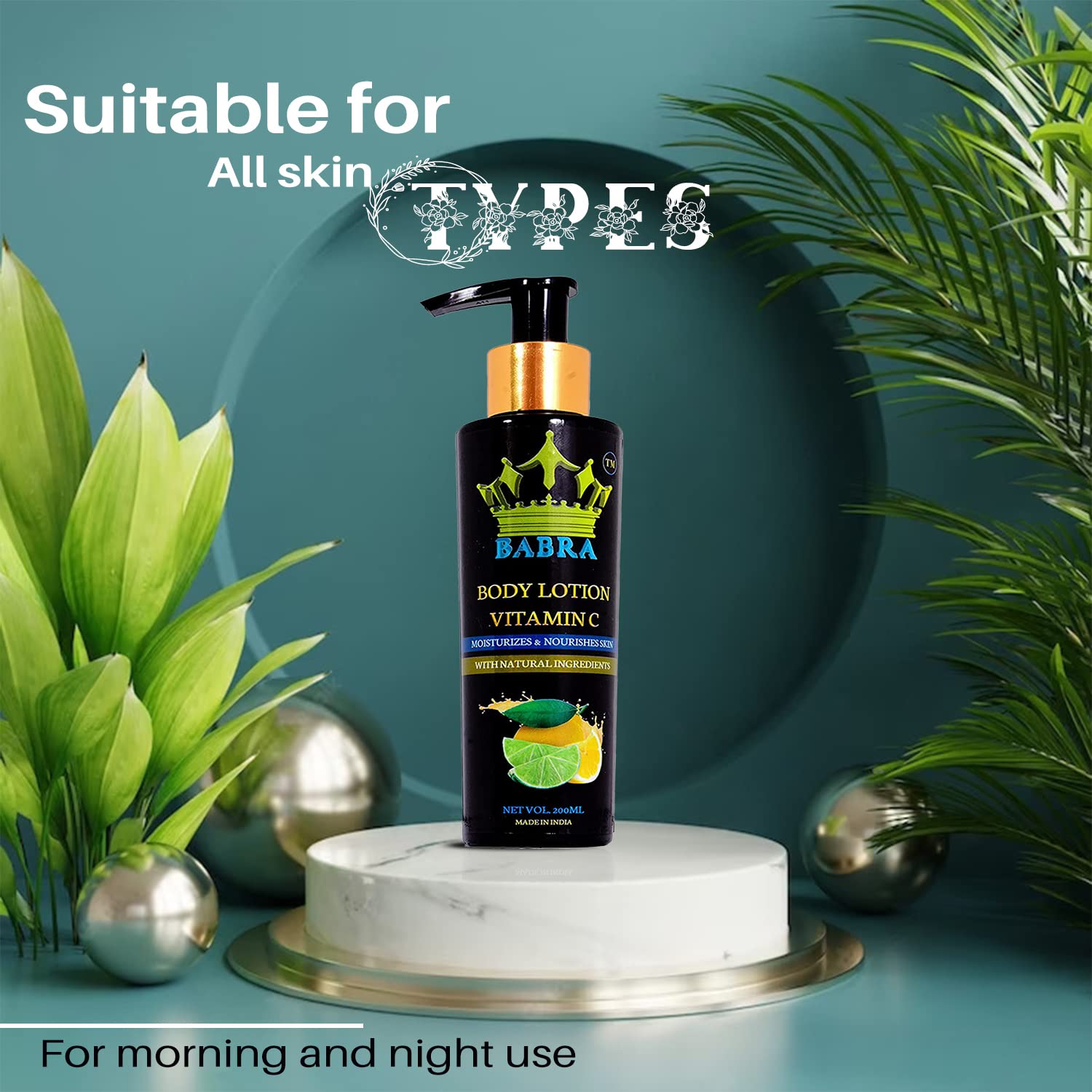 Babra Vitamin C Body Lotion for Men & Women - 100% Natural Moisturizer for Dry & Normal Skin | Deep Hydration & 72h Moisture Lock | Brightens & Nourishes for Healthy Glow | 200ml - Perfect for Daily Skincare Routine, Post-Workout Recovery & Winter Dryness Relief