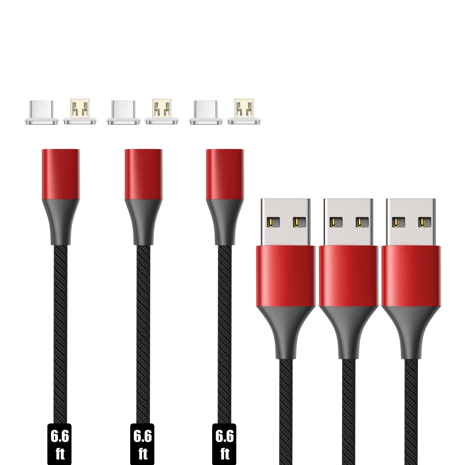 NETDOT Gen10 Magnetic Charging Cable 2-in-1 USB-C & Micro-USB Fast Charger - 3.3ft Nylon Braided Durable Cord (3 Pack, Red) for iPhone, Samsung, Android Phones - Perfect for Home, Office & Travel Charging