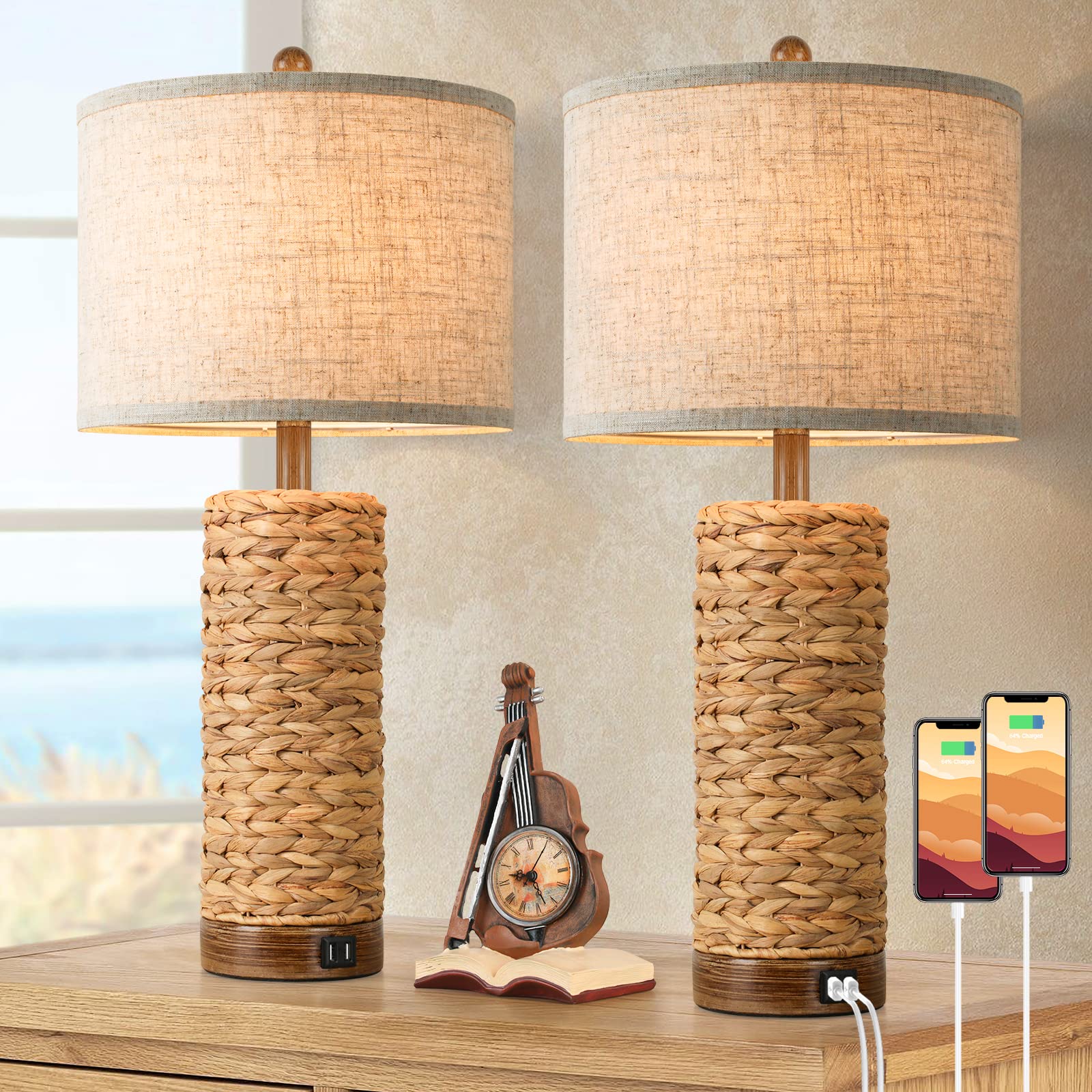 Set of 2 Rattan Table Lamps with 2 USB Ports - 27