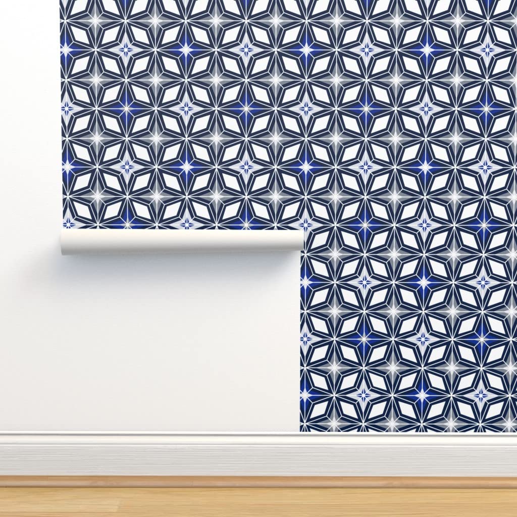 12ft x 2ft Removable Nordic Star Wallpaper - Midcentury Modern Geometric Navy Grey Blue Stars Retro Abstract Pre-Pasted Peel & Stick Wallpaper for Bedroom, Nursery, Living Room & Home Decor