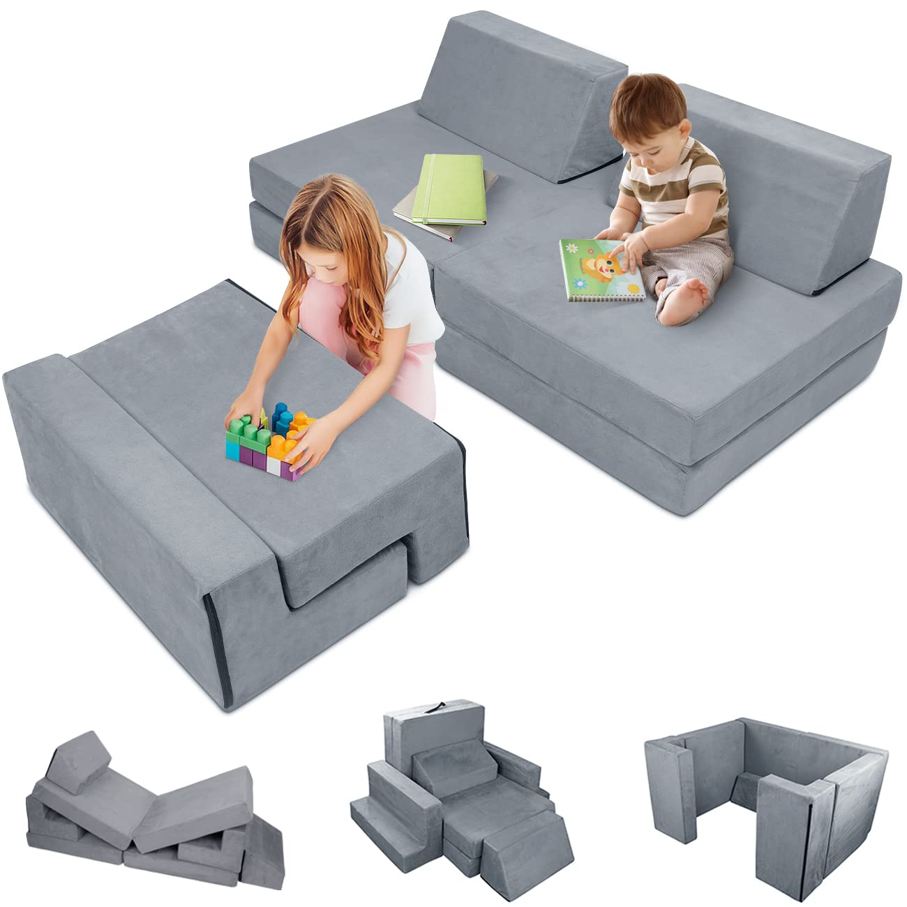 **DREAMANIA 7-Piece Modular Kids Play Couch for Toddlers & Teens – Premium Sectional Sofa for Bedroom, Playroom, Living Room – Creative Gift for Boys & Girls (Grey) – Perfect for Playtime, Lounging & Learning Activities**