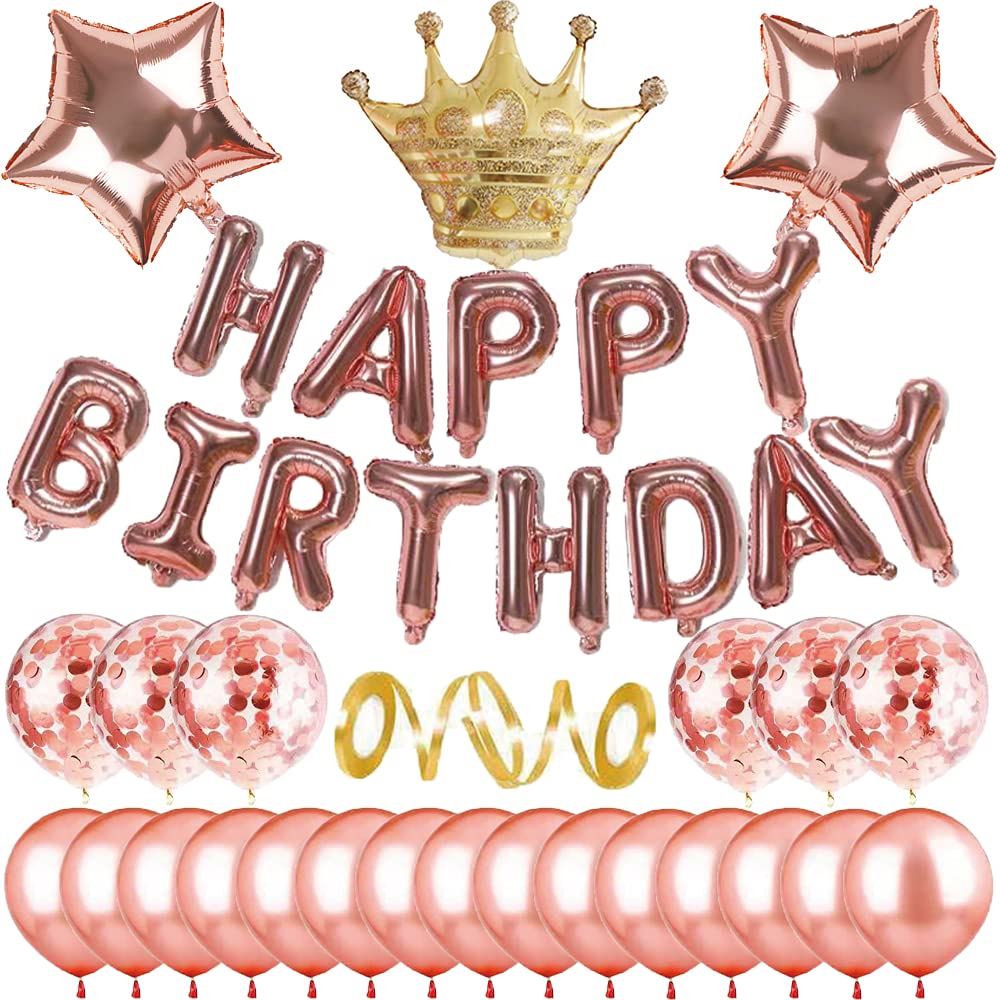 25-Piece Rose Gold Happy Birthday Party Decorations Set - Prince & Princess Crown, Banner, Star Aluminum Balloons, Confetti & Sequin Latex Balloons for Birthday Parties, Baby Showers & Special Events