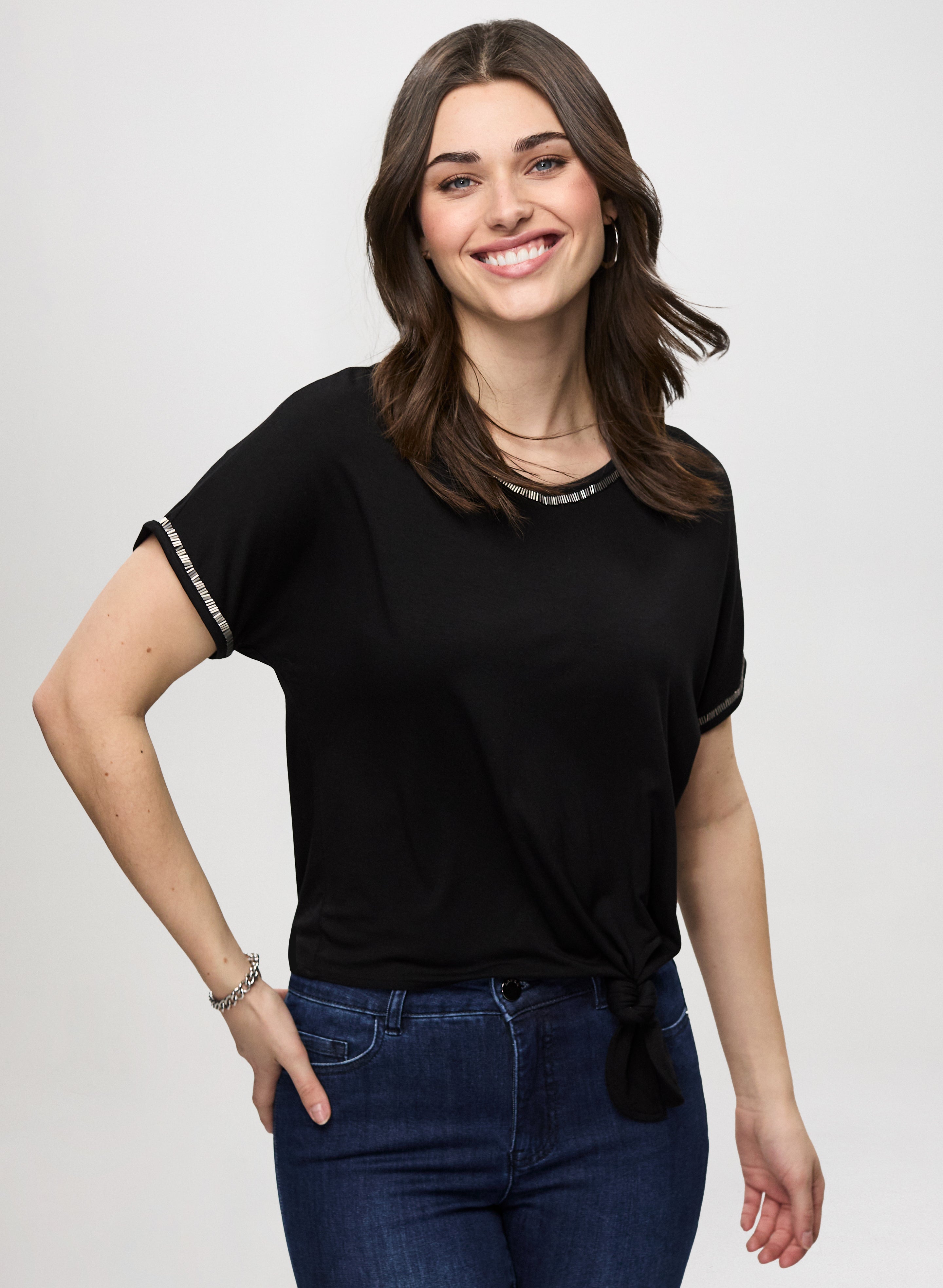 Black Pearl Trim T-Shirt for Petites | Stylish & Comfortable Women's Top | Perfect for Casual Wear & Everyday Outfits