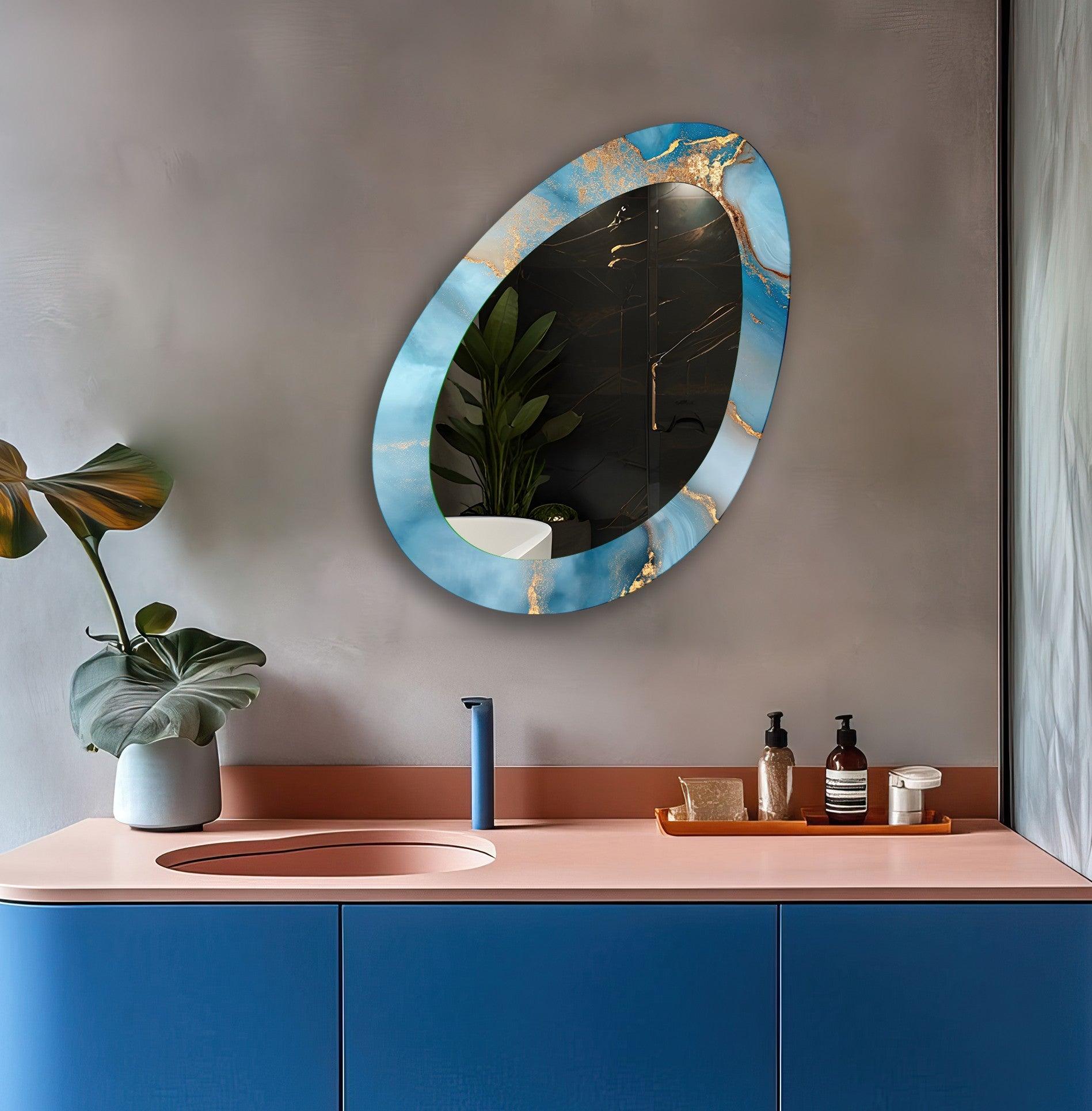Blue Abstract Wall Mirror - Large Modern Decorative Mirror for Living Room, Bedroom & Entryway Decor