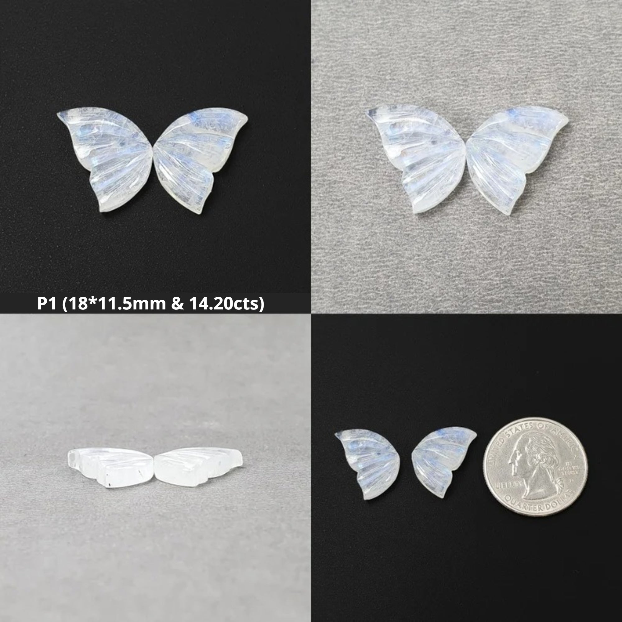 Natural Untreated Rainbow Moonstone Butterfly Carving Pair - Handcrafted Gemstone Jewelry for Healing, Meditation & Spiritual Gifts