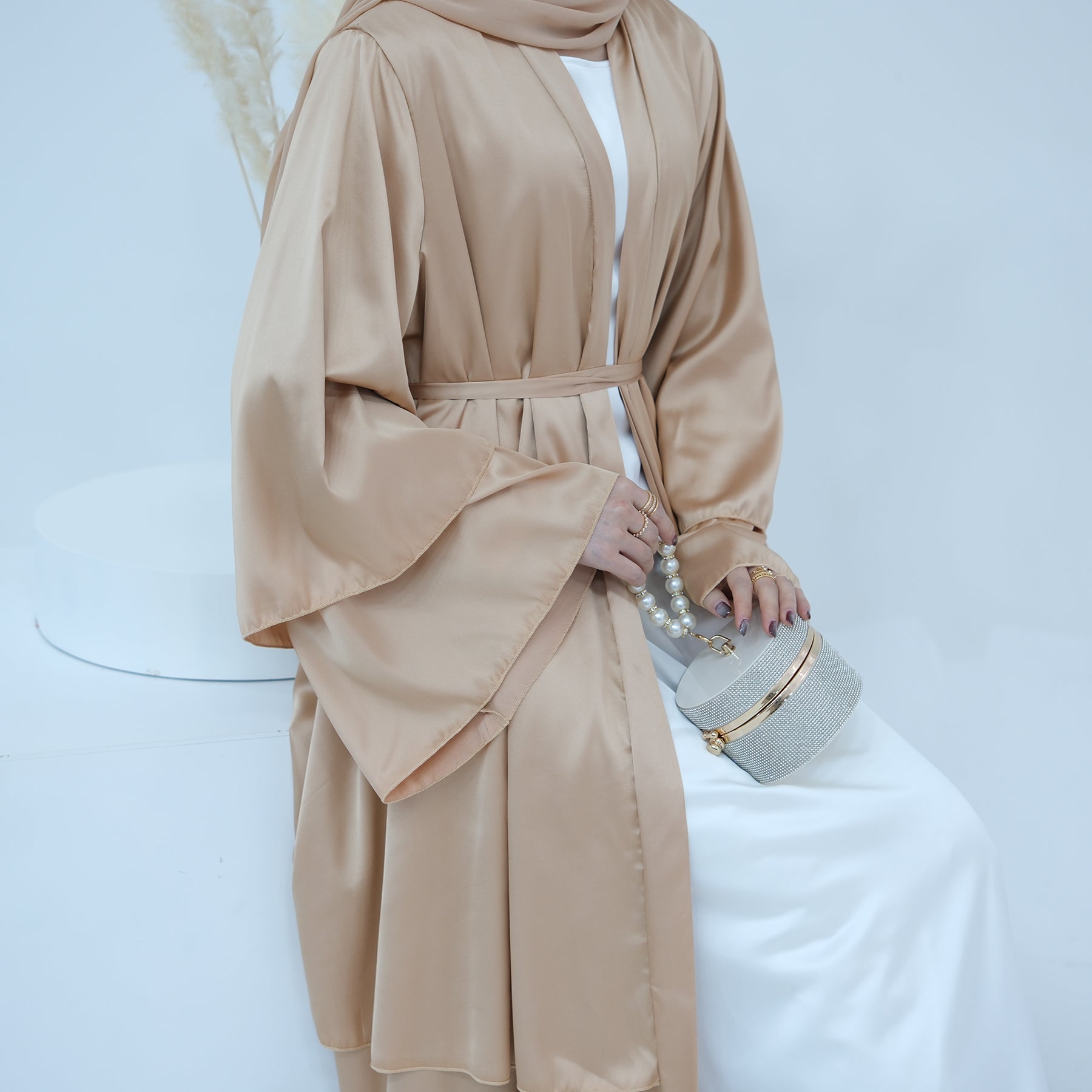 Miranda Layered Hem Satin Open Abaya - Elegant Champagne Color Islamic Prayer Dress for Women | Perfect for Eid, Ramadan & Special Occasions