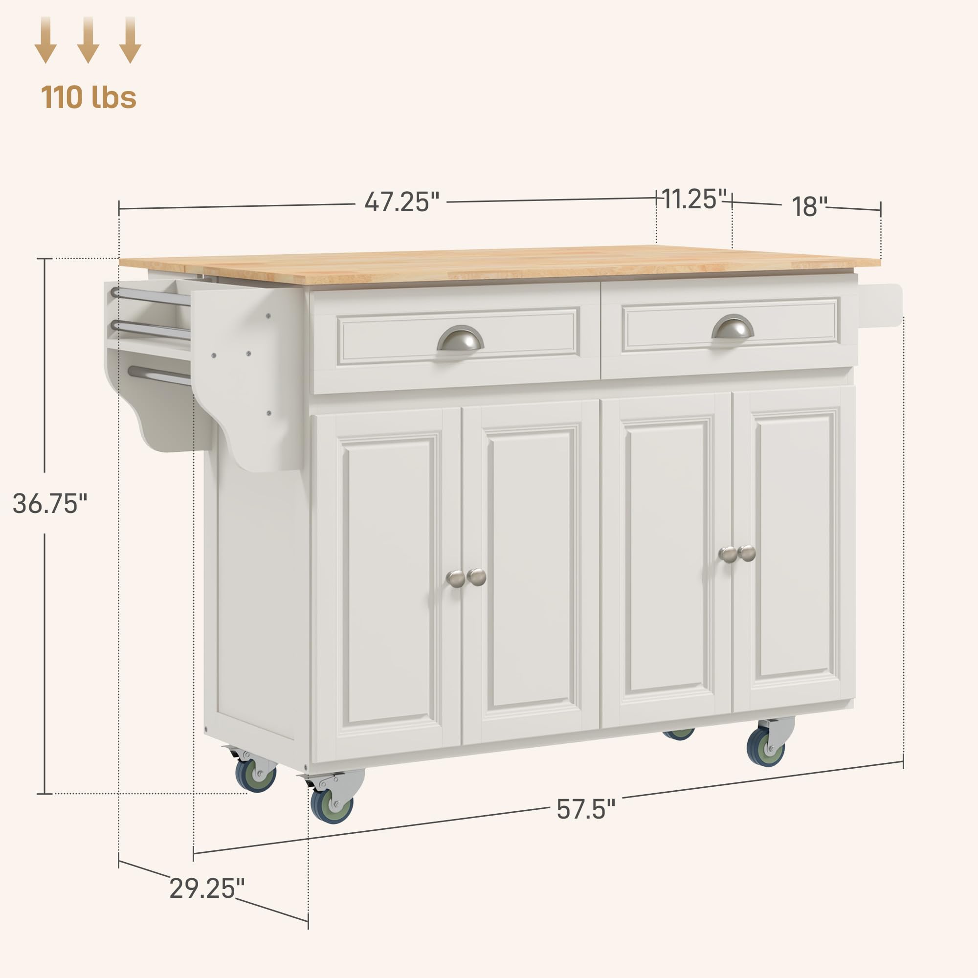 HOMCOM Rolling Kitchen Island Cart with Drop Leaf, 2 Drawers & 2 Cabinets - Mobile Kitchen Cart with Rubber Wood Top for Small Spaces - Cream White Storage Solution for Dining Room, Apartment & Home Cooking