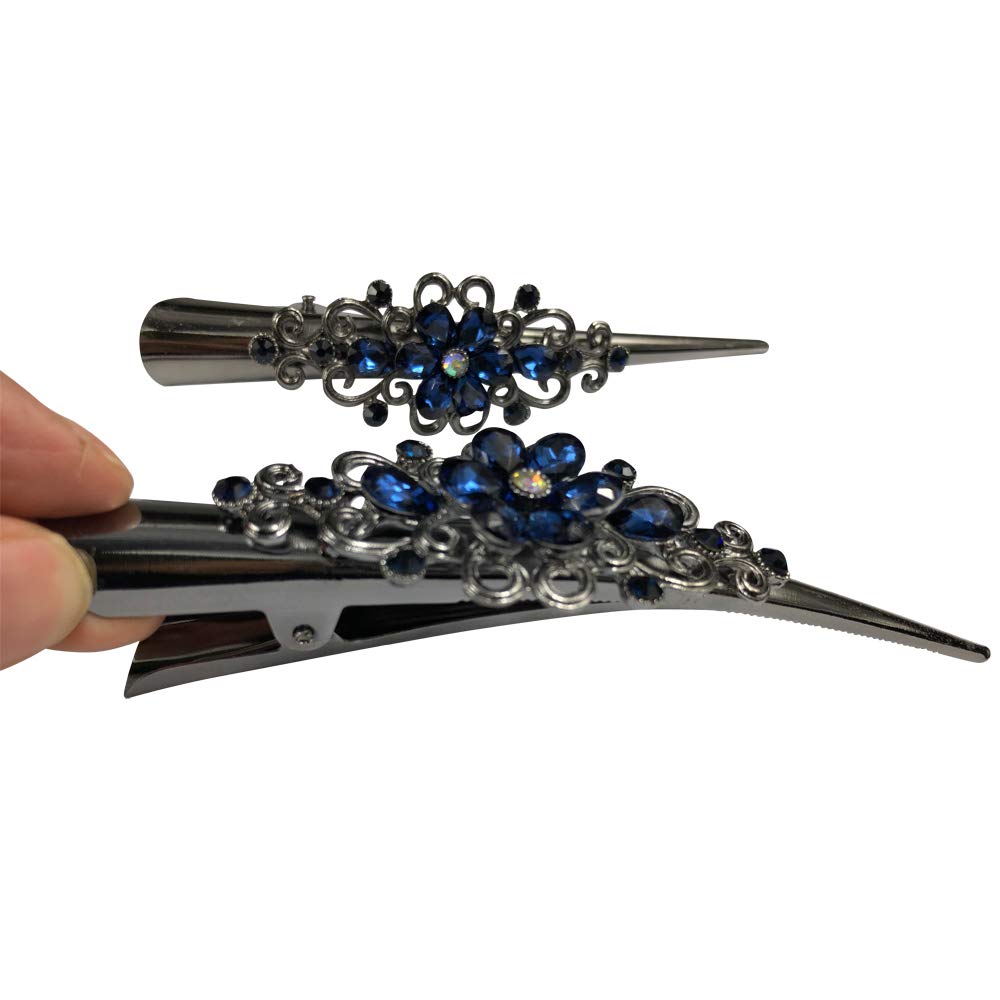 Vintage Large Metal Hair Clips - Floral Duckbill Rhinestone Barrettes with Teeth for Women & Girls | Hair Pins, Slides & Jewelry Accessories (Blue) | Perfect for Weddings, Parties & Everyday Styling