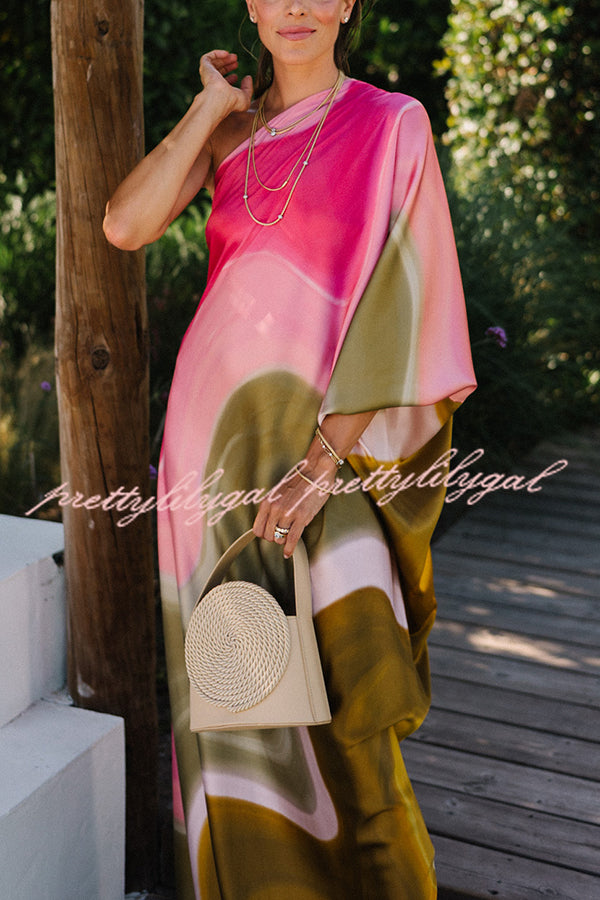 Stylish Satin Tie-Dye One Shoulder Maxi Dress for Women - Summer Vacation & Beach Party Outfit