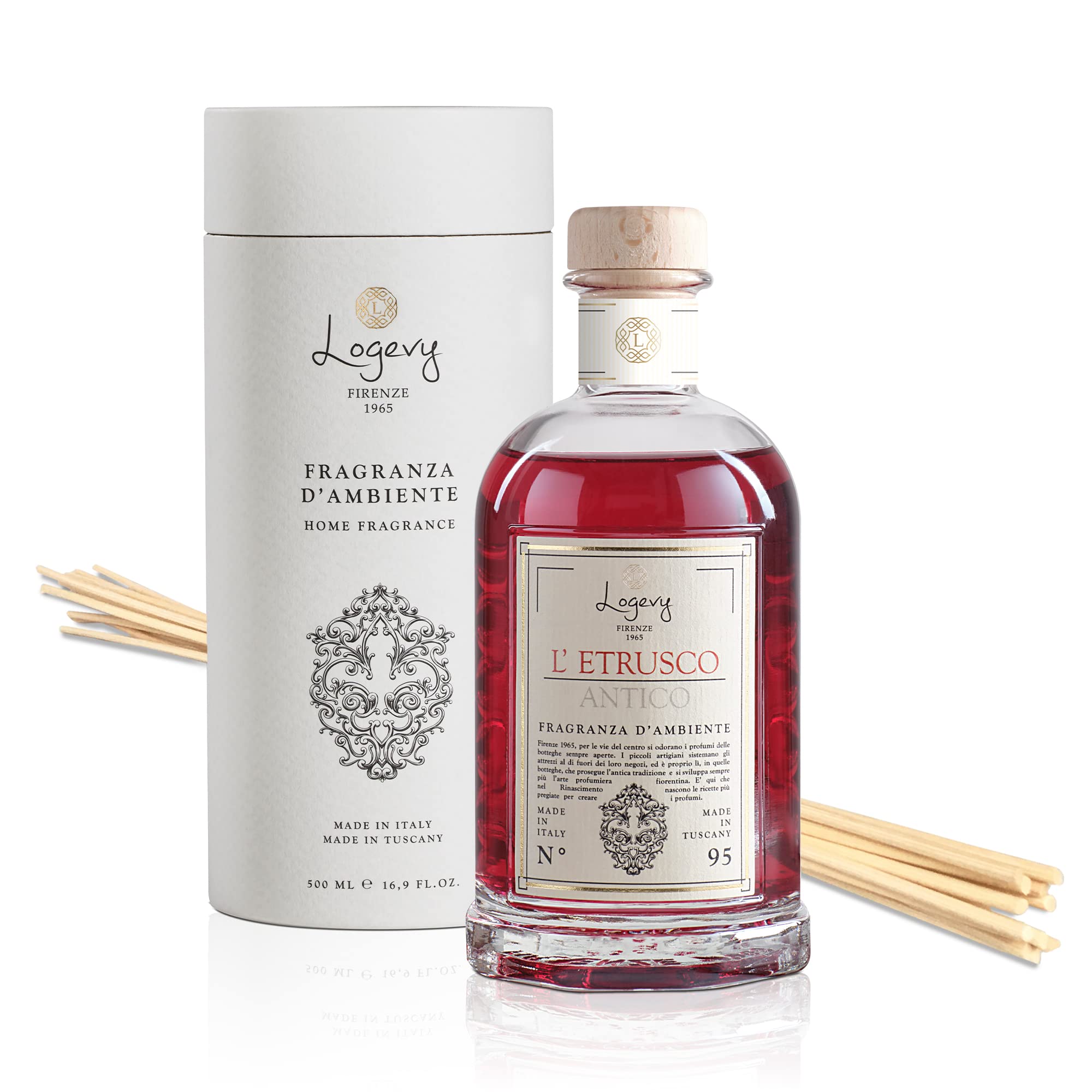 Logevy Firenze 1965 L'Etrusco Antico - 500ml Luxury Home Fragrance Diffuser with Spicy & Woody Notes | Premium Glass Bottle & 12 Natural Bamboo Reeds | Master Perfumer Crafted Scent for Living Room, Bedroom & Office Decor