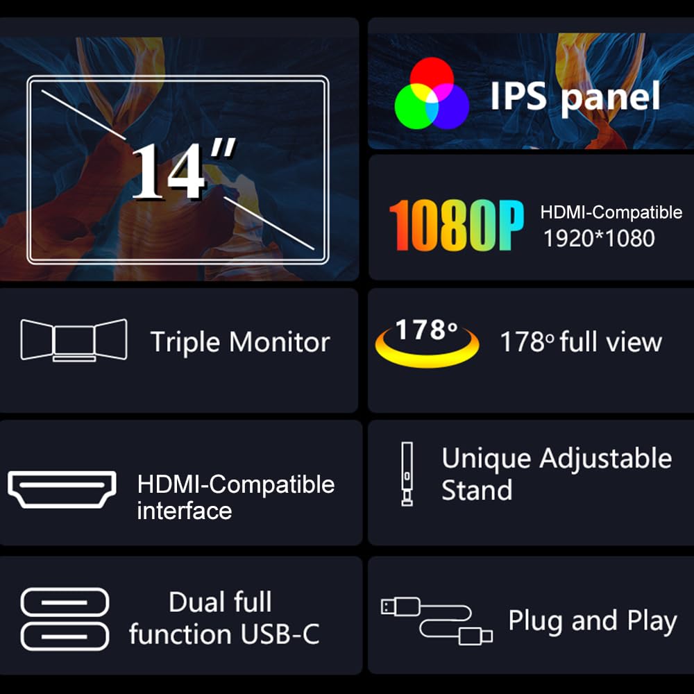 14 Inch Portable Triple Monitor for Laptop - FHD Expansion Screen with 1 Cable for 2 Displays - Compatible with Windows & MacOS for 13.3-16.5 Inch Laptops - Perfect for Work, Gaming & Multitasking
