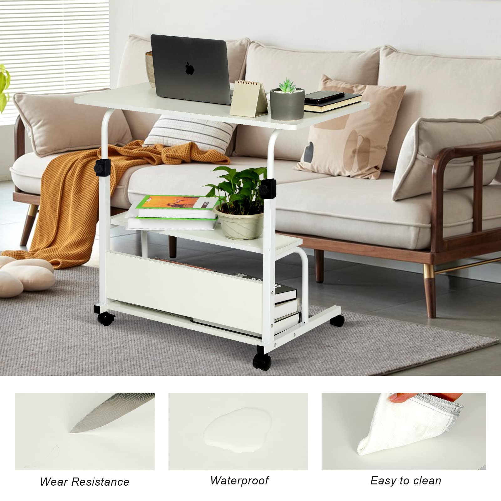 Portable Rolling Desk with Wheels, Adjustable Height for Home Office & Study - 32