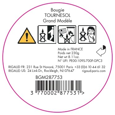 Rigaud Tournesol Large Scented Candle - 230g French-Made Soy Wax Candle with Sunflower Fragrance | Perfect for Home Decor, Relaxation & Romantic Ambiance