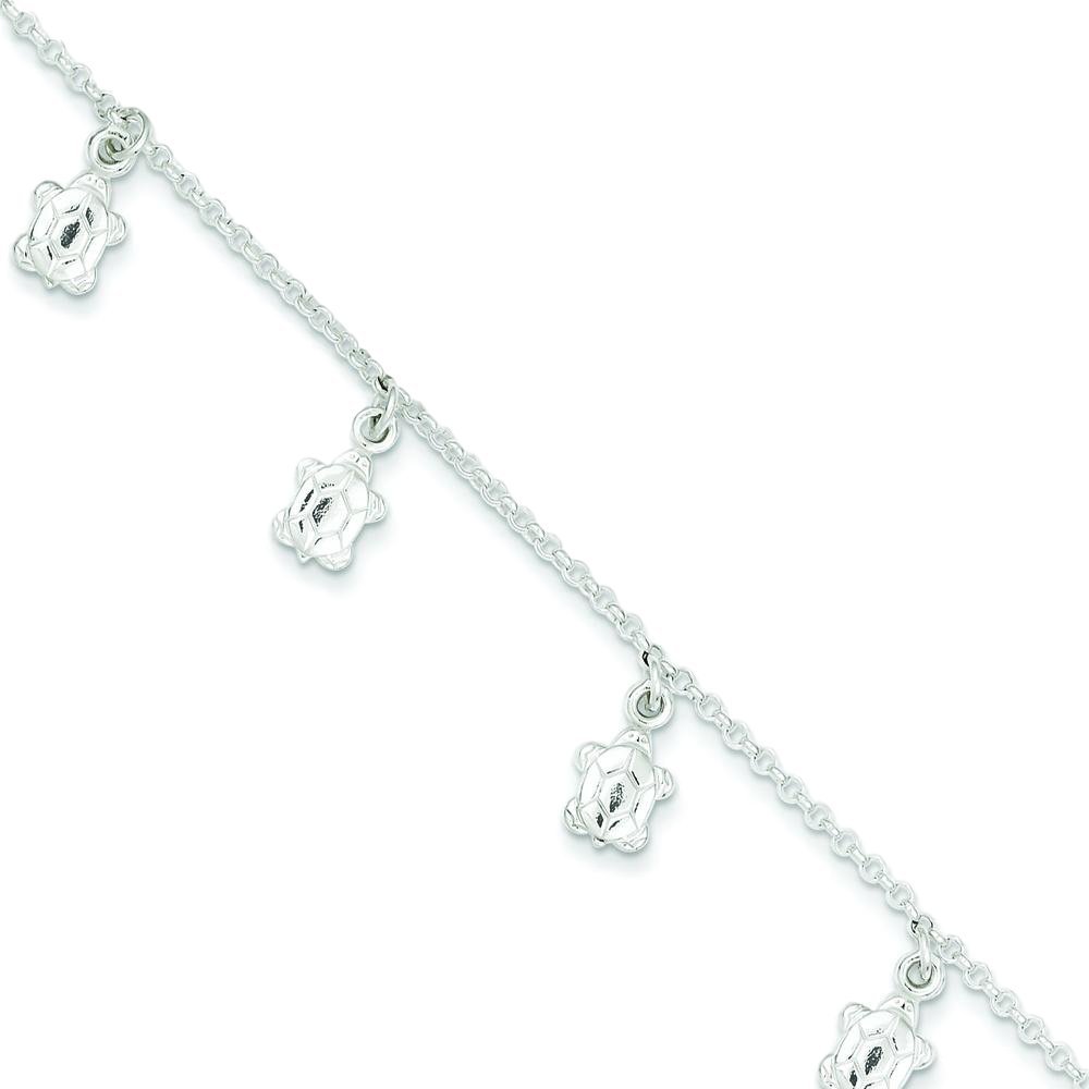 FindingKing Sterling Silver Polished Turtle Charm Anklet Bracelet - 9