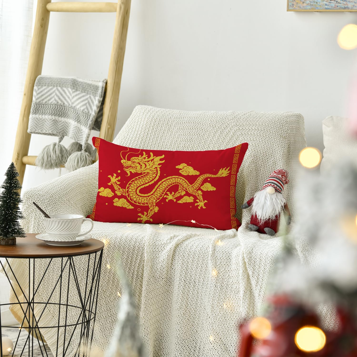 Happy Year of The Dragon Chinese Lunar New Year Throw Pillow Cover - 12 x 20 Inch Holiday Cushion Case for Sofa, Couch & Home Decor - Perfect for Lunar New Year Celebrations, Festive Home Decor & Gift Giving