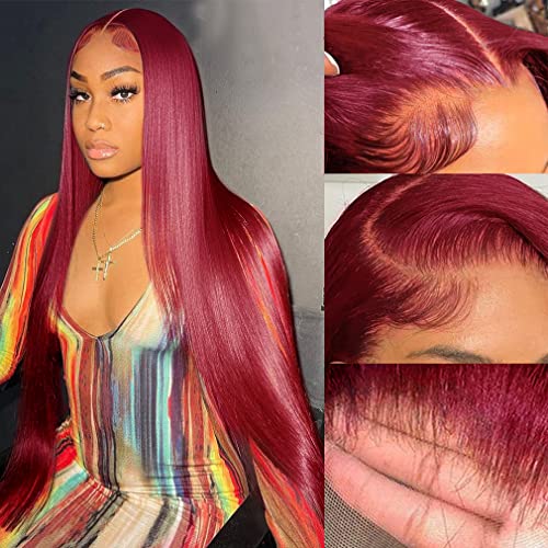 24 Inch 99J Straight Lace Front Wigs Human Hair - 13x4 HD Lace Front Wigs with Pre Plucked Bleached Knots - 180% Density Glueless Burgundy Wigs for Women - Perfect for Daily Wear, Cosplay, and Special Occasions