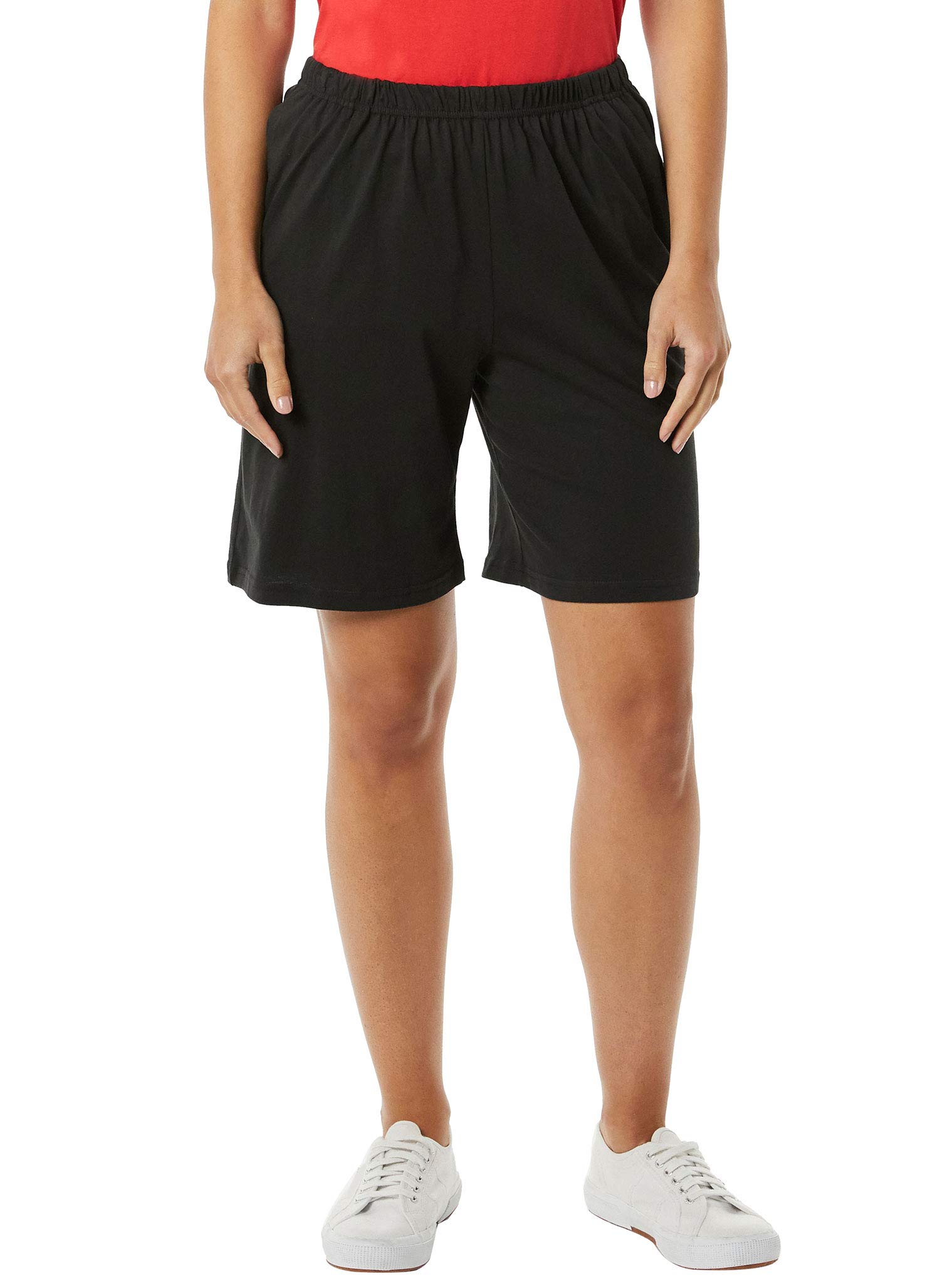 AmeriMark Women's Cotton Bermuda Shorts - Elastic Waist Athletic Pull-On Golf Shorts with Pockets - Perfect for Golf, Tennis, Running & Casual Wear