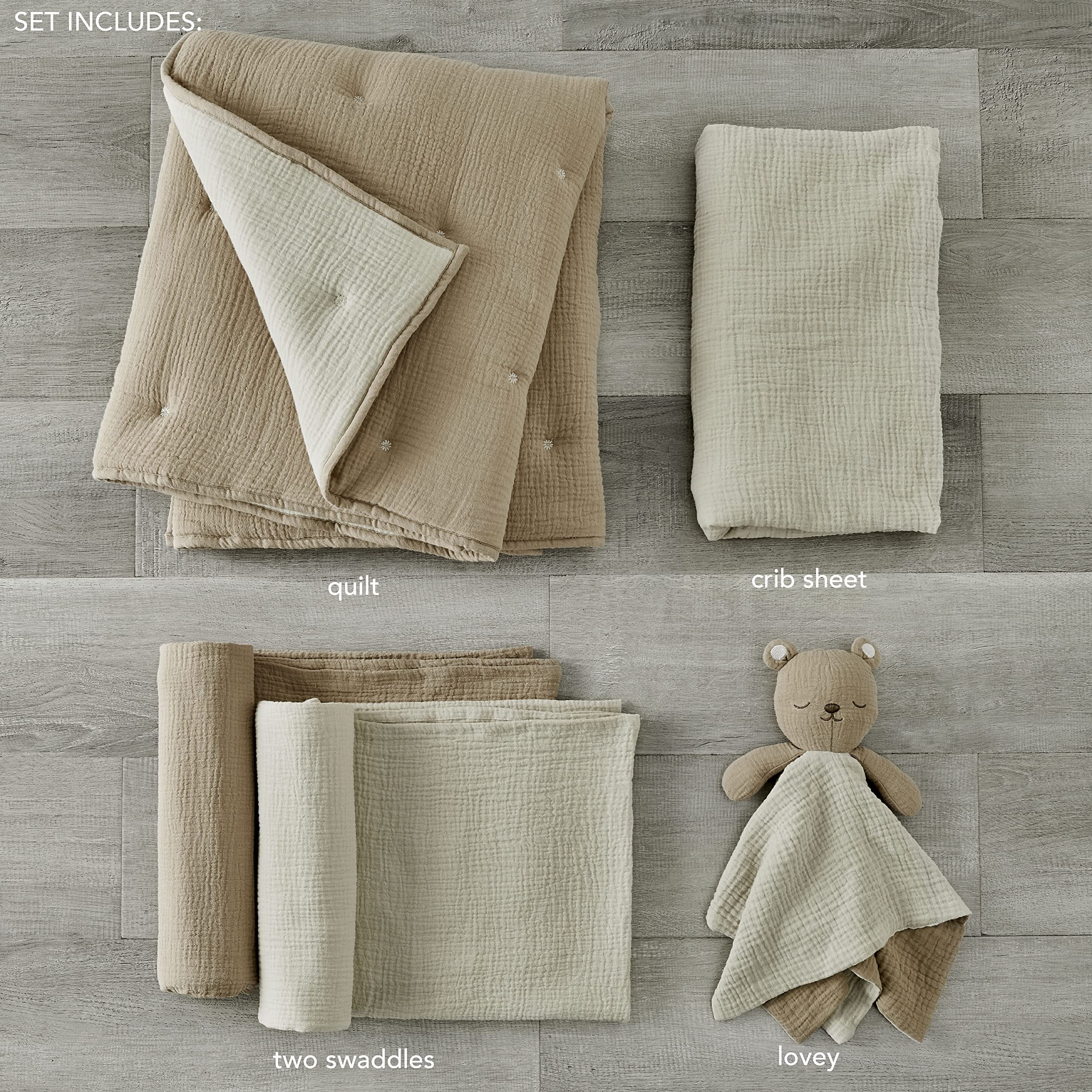 Levtex Baby Cloud Muslin Crib Bedding Set - 5 Piece Nursery Set with Quilt, Fitted Sheet, Swaddles & Bear Lovey - Soft Cacao Beige Star Pattern on Grey Textured Muslin - Perfect for Newborns, Baby Showers & Cozy Nursery Decor