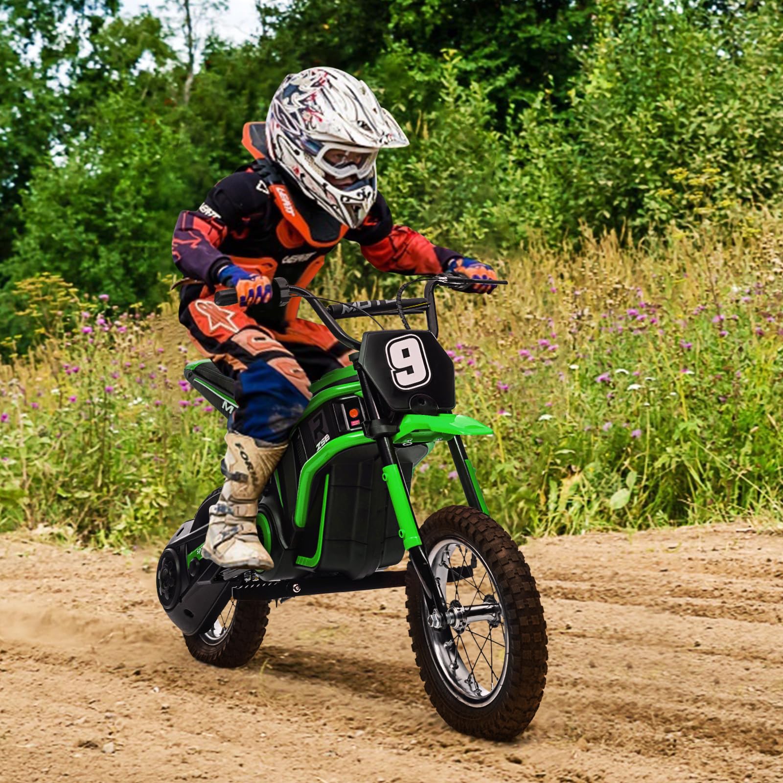 GARVEE 24V 10A 350W Kids Electric Dirt Bike for Ages 5-17 | 14.29MPH Top Speed | 3-Speed Adjustable | Green Off-Road Motorcycle | Perfect for Backyard, Trail & Off-Road Adventures