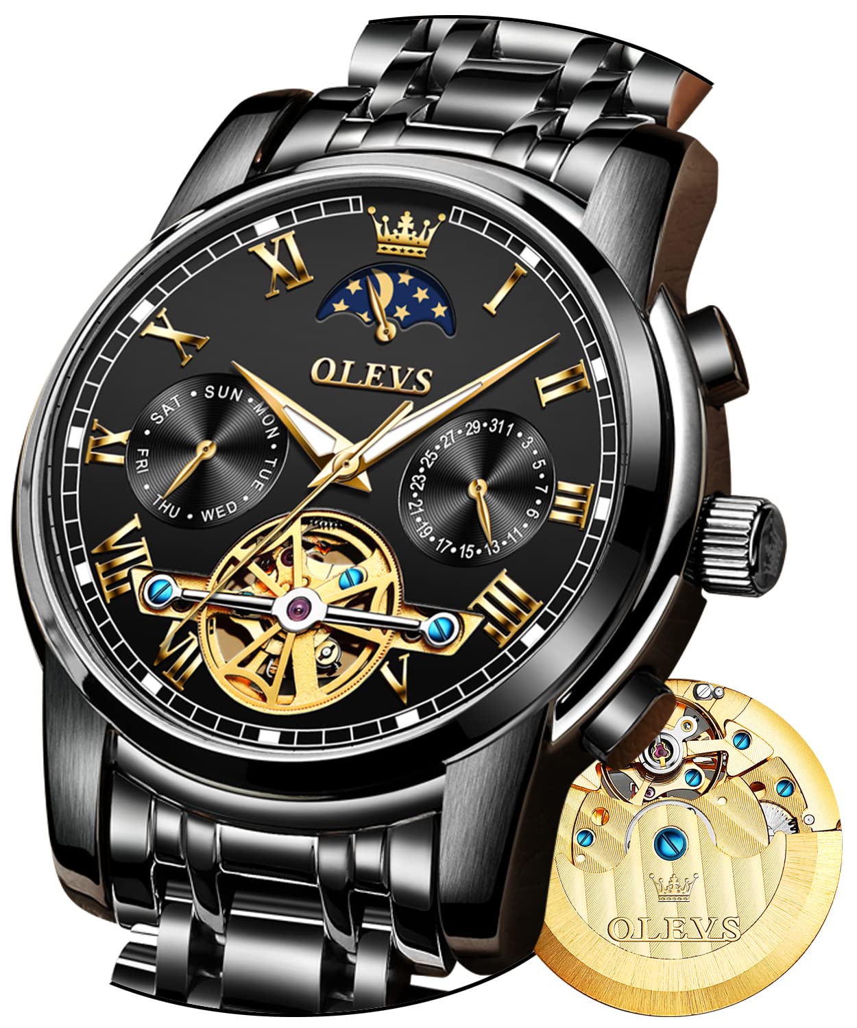 OLEVS Men's Automatic Skeleton Mechanical Watch - Self Winding Luxury Dress Watch with Moon Phase, Day Date Display, Waterproof & Luminous - Perfect for Business, Formal Events & Gift Giving