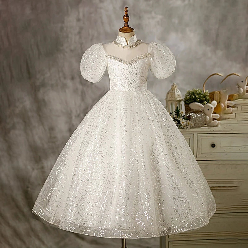 White Princess Mock Neck Floor Length Organza Flower Girl Dress for Weddings, Baptisms & Special Occasions