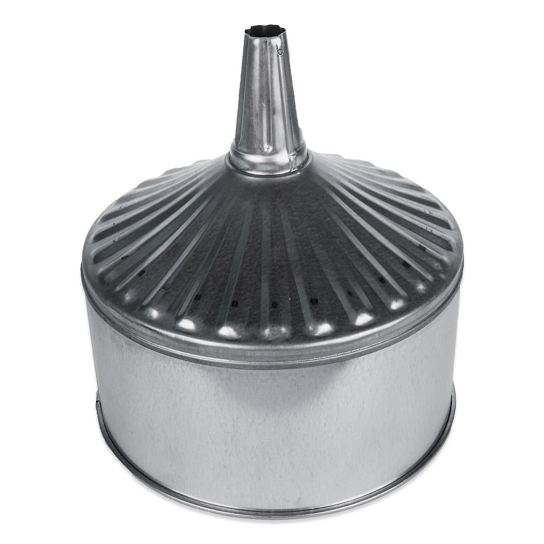 Funnel King 94467 12 Quart Fluted Galvanized Funnel with Screen - 11 Inch Center Spout, Heavy Duty Multi-Purpose Funnel for Automotive, Cooking, and Industrial Use
