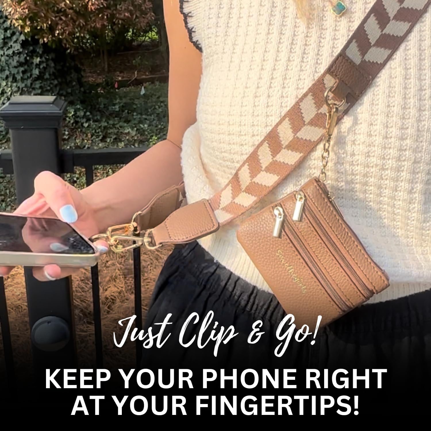 Original Clip and Go Phone Strap (Brown/Cream Chevron) - Crossbody Phone Lanyard with Zippered Wallet Pouch - Stylish and Functional Phone Accessory for Travel, Shopping, and Everyday Use