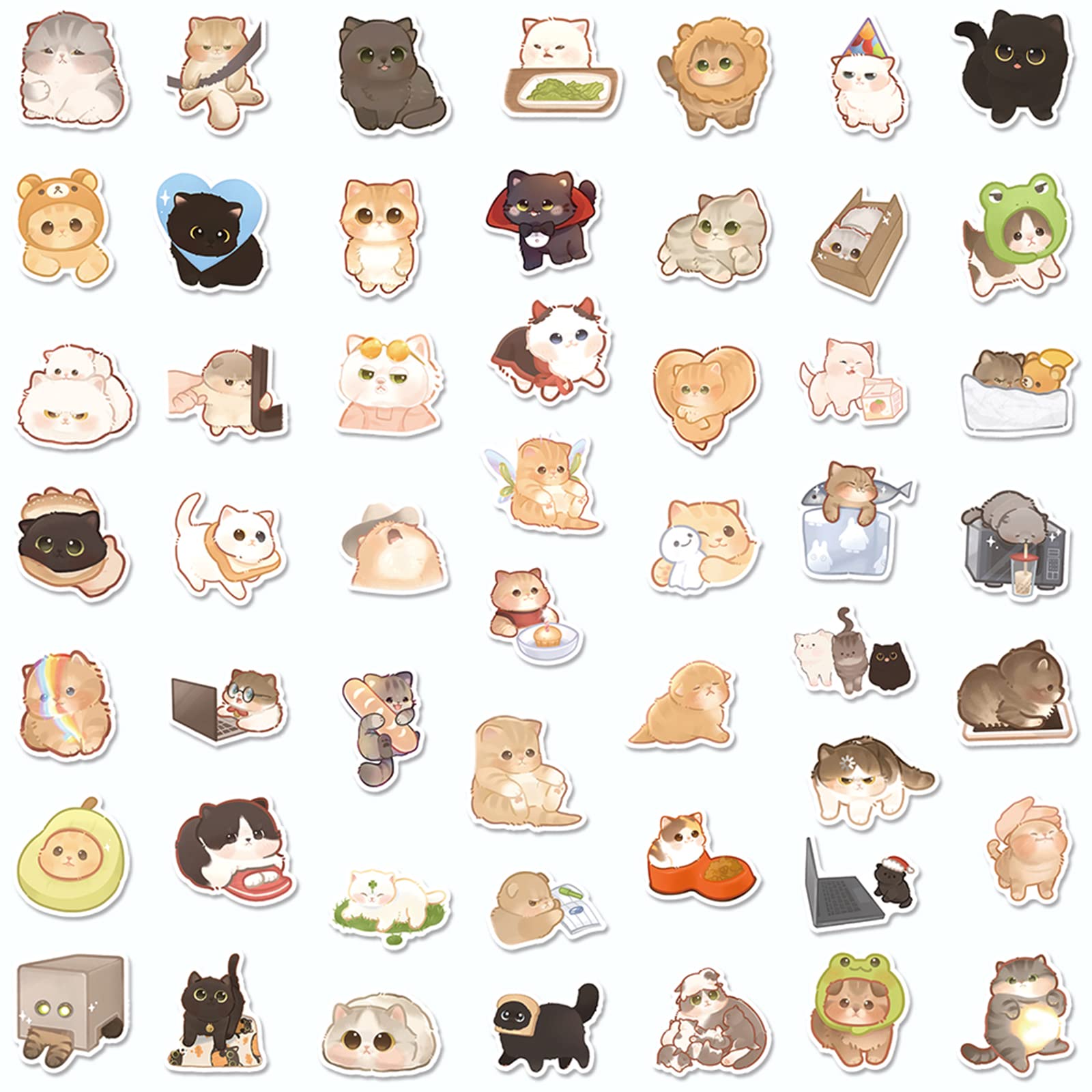 50 Pcs Cute Cartoon Cat Stickers - Waterproof Vinyl Kitty Decals for Water Bottles, Skateboards, Laptops & DIY Crafts - Fun Graffiti Art Stickers for Kids & Teens