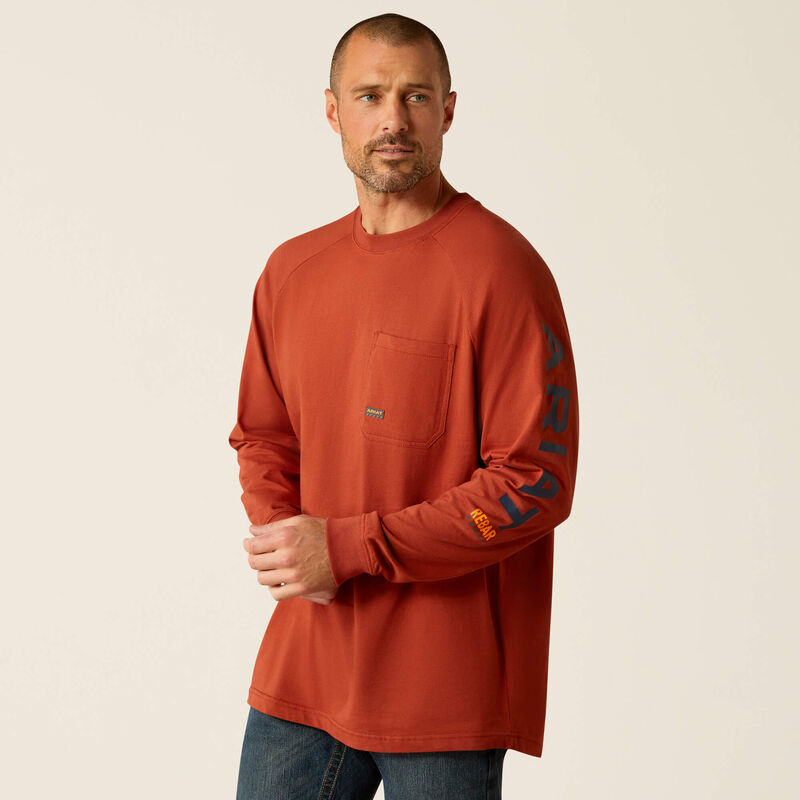Rebar Cotton Strong Graphic T-Shirt Long Sleeve - Burnt Henna/Baritone Blue | Durable Casual Wear for Men, Street Style Fashion, Everyday Comfort