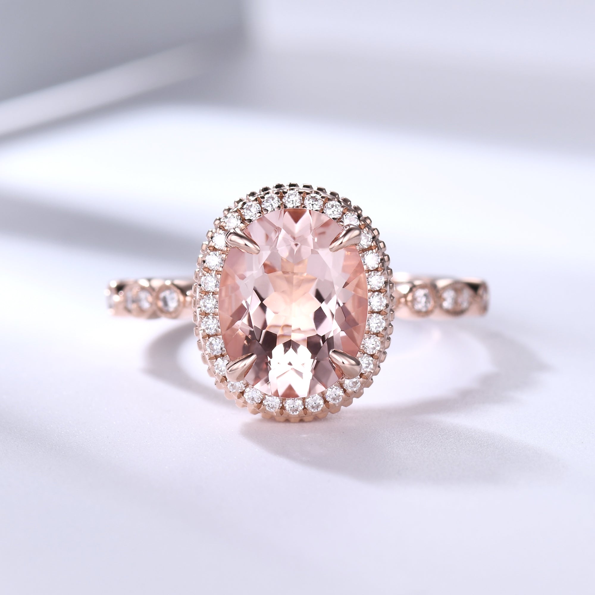 Vintage Peach Morganite Engagement Ring with Hidden Halo - 8x10mm Oval Cut Rose Gold Art Deco Style Ring for Wedding, Proposal & Anniversary Gifts