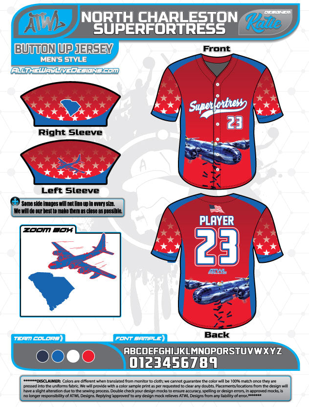 North Charleston Superfortress Full Dye Button Up Baseball Jerseys - Perfect for Game Day, Team Uniforms & Fan Apparel