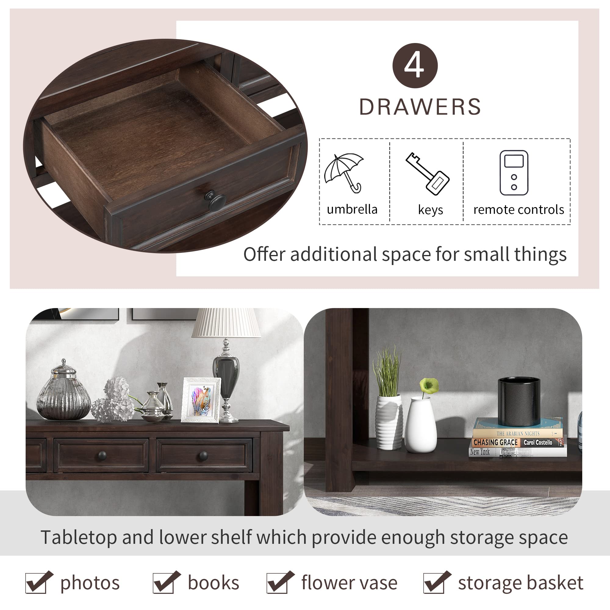 Modern Solid Wood Console Table with 3 Drawers & Shelf - Sturdy Entryway Sofa Table for Living Room, Bedroom, Hallway - Multifunctional Side Table (Espresso-2) - Perfect for Home Decor, Small Space Organization & Entryway Storage Solutions